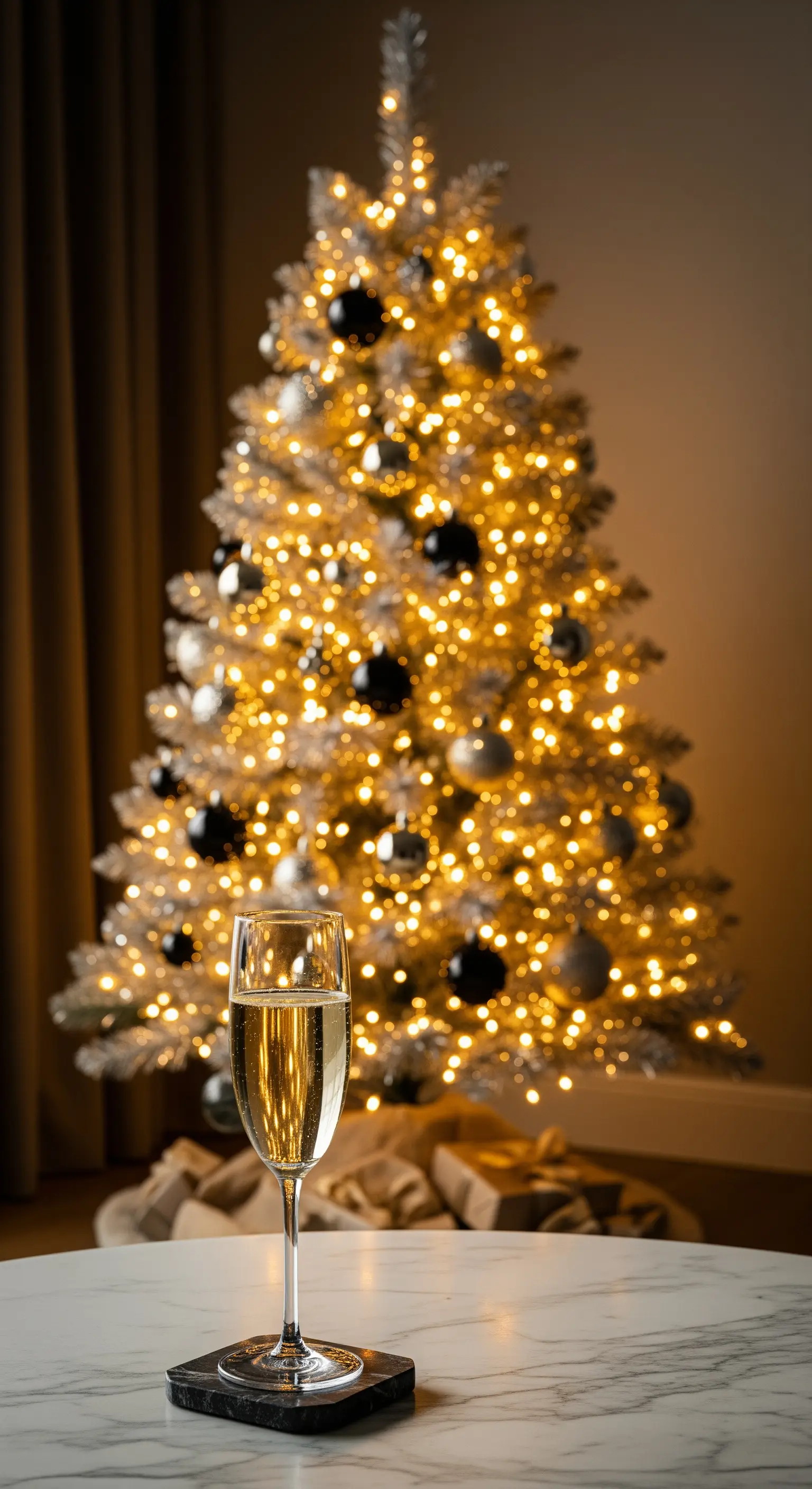 Hell erleuchteter silberner Baum mit Champagnerglas im Vordergrund
