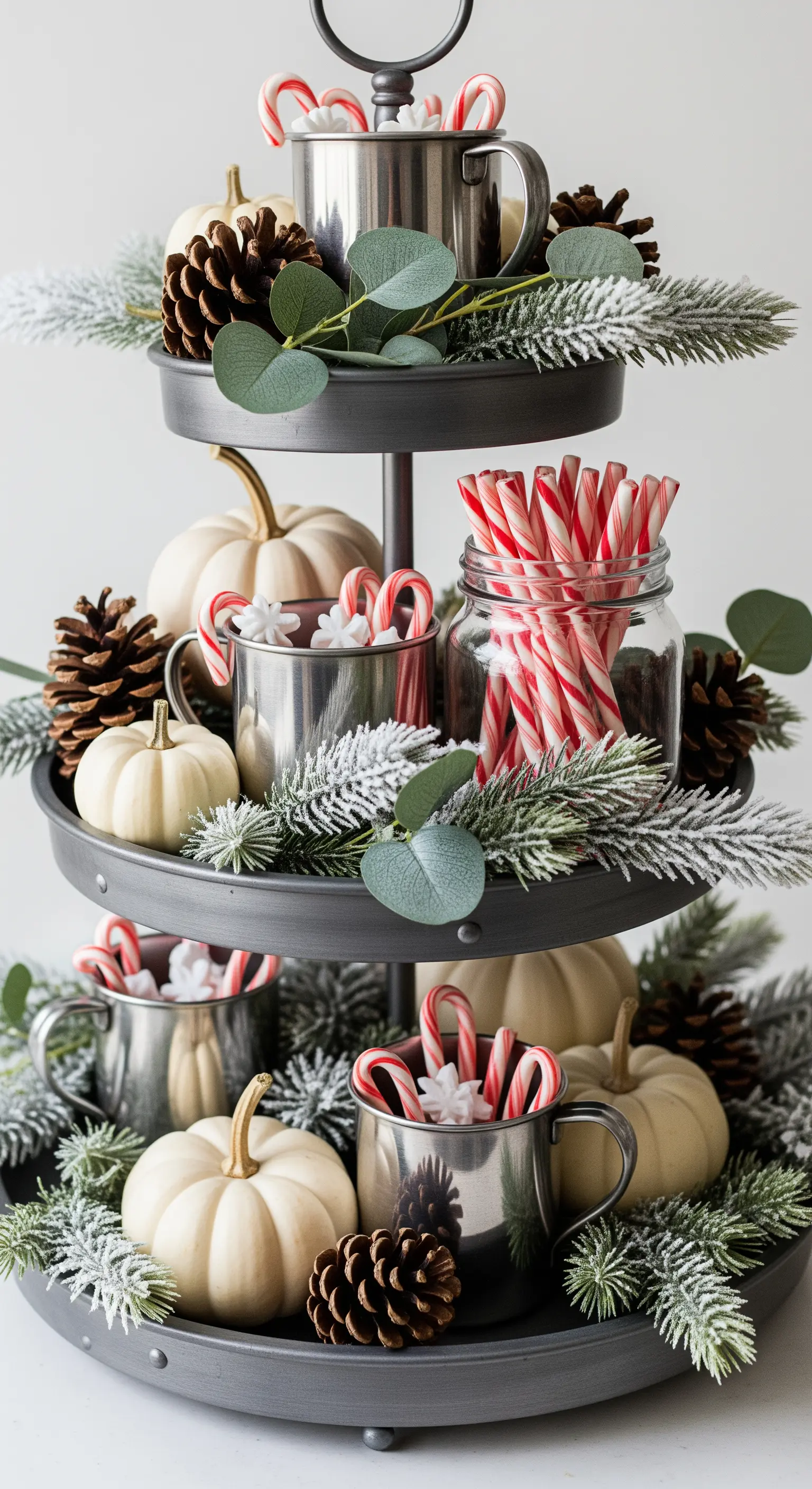Metall-Etagere mit weißen Kürbissen, Zuckerstangen im Glas und Tannenzweigen