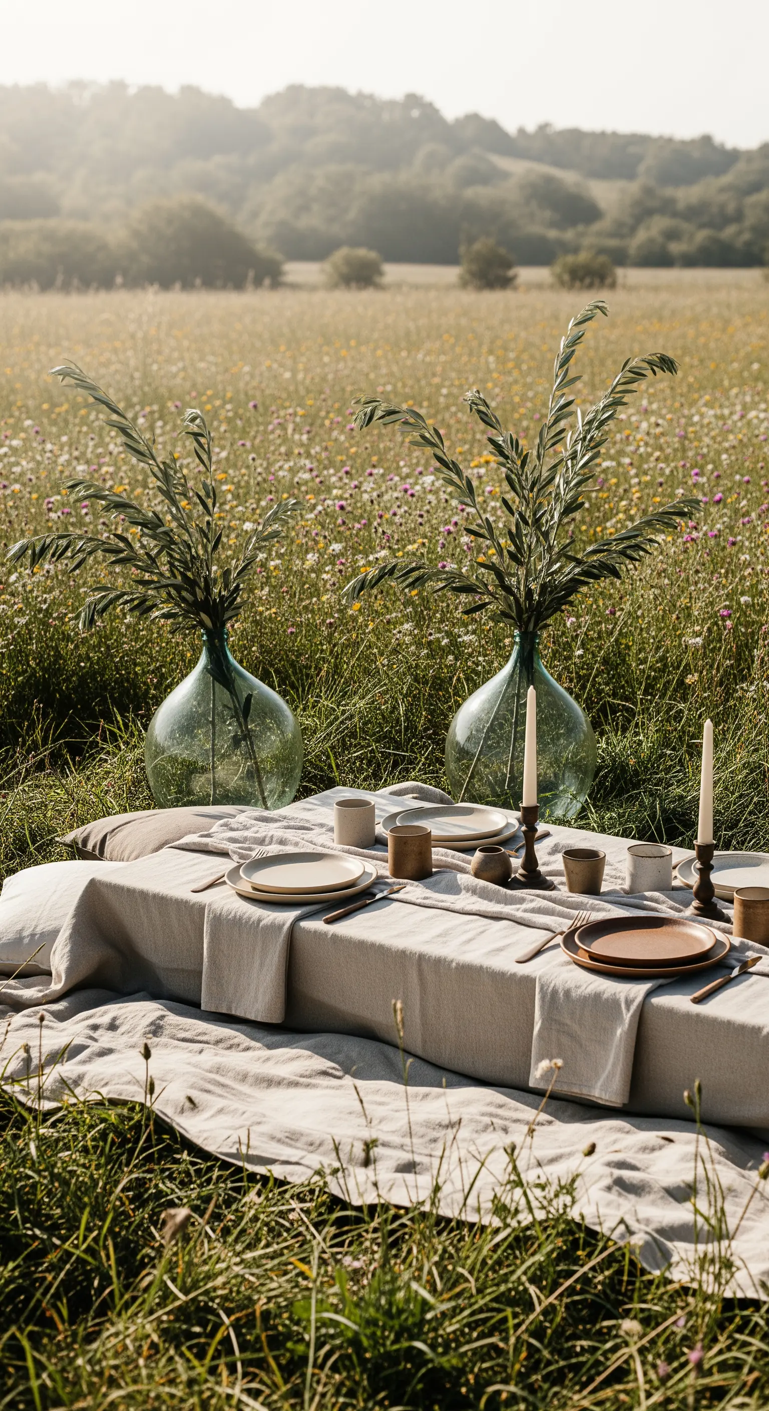 Picknick im hohen Gras mit großen Glasvasen und Olivenzweigen
