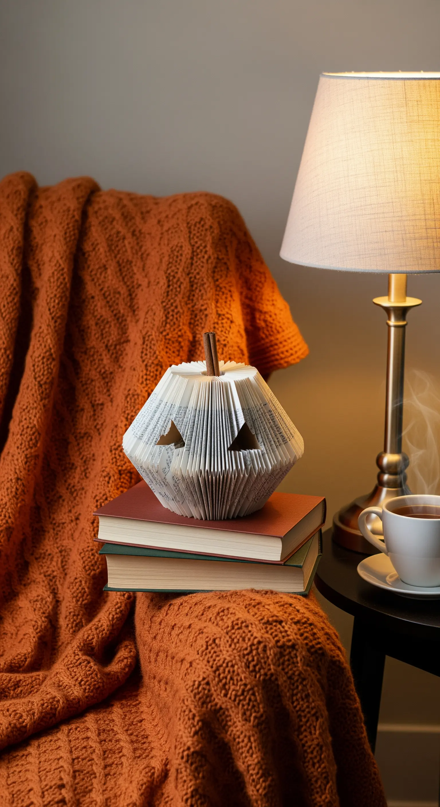 Kürbis gebastelt aus alten Buchseiten auf Bücherstapel