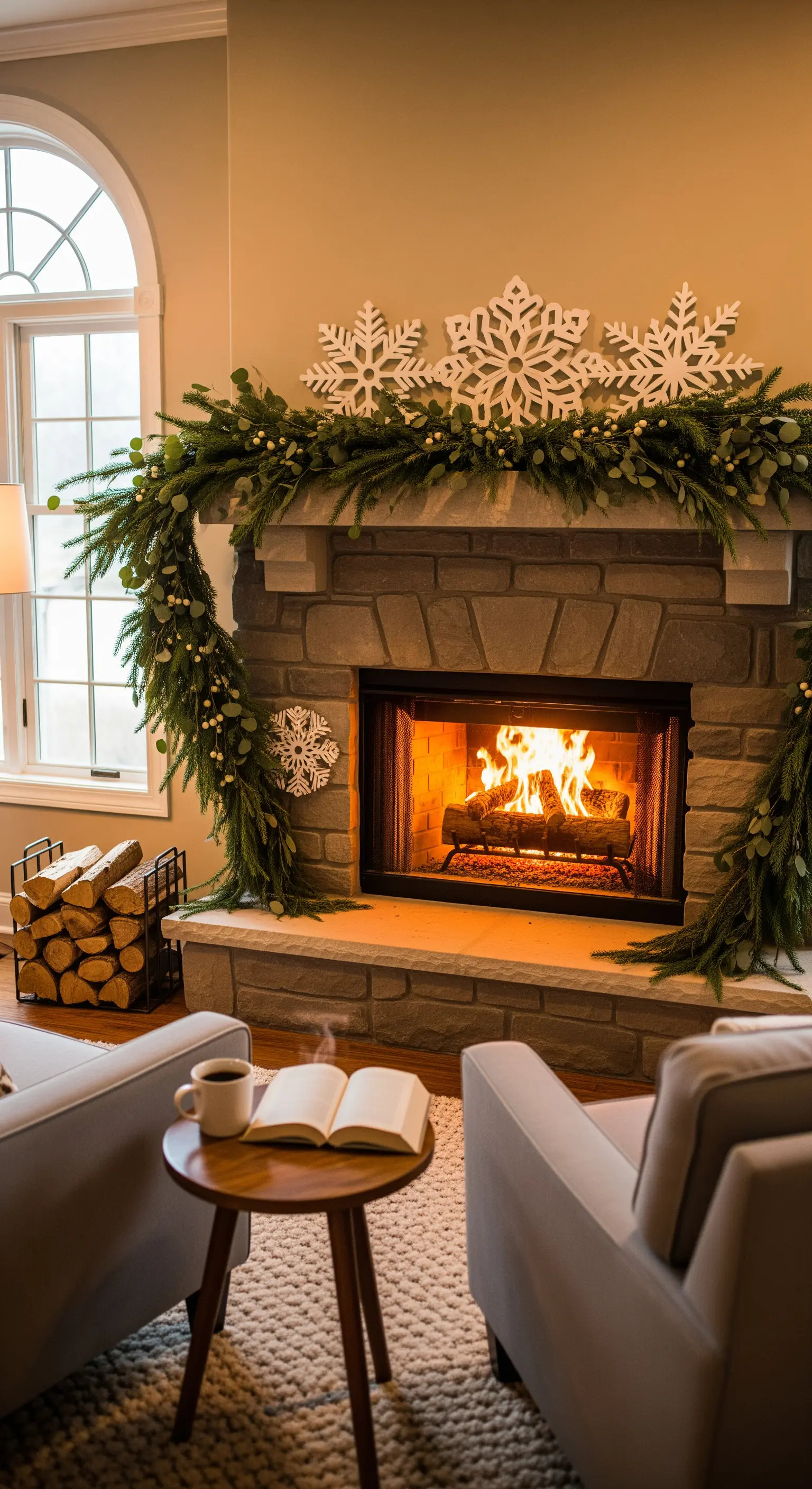 Kamin mit üppiger grüner Girlande und großen weißen Schneeflocken