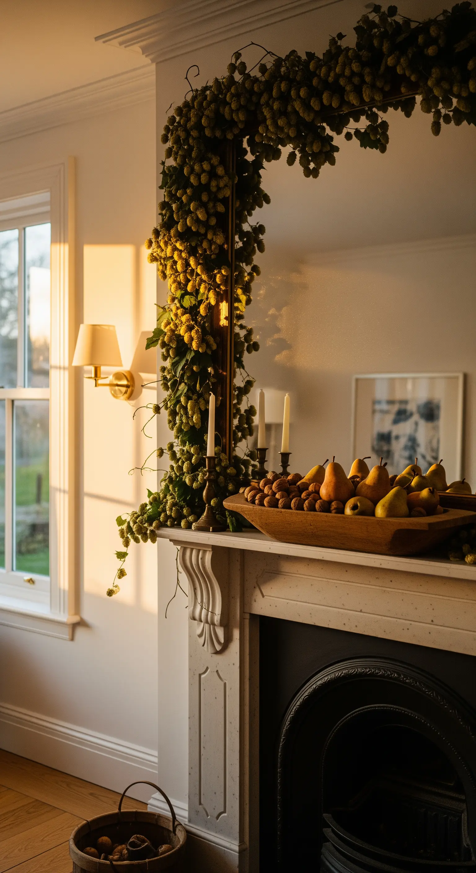 Hopfengirlande um Spiegel, Schale mit Nüssen und Birnen