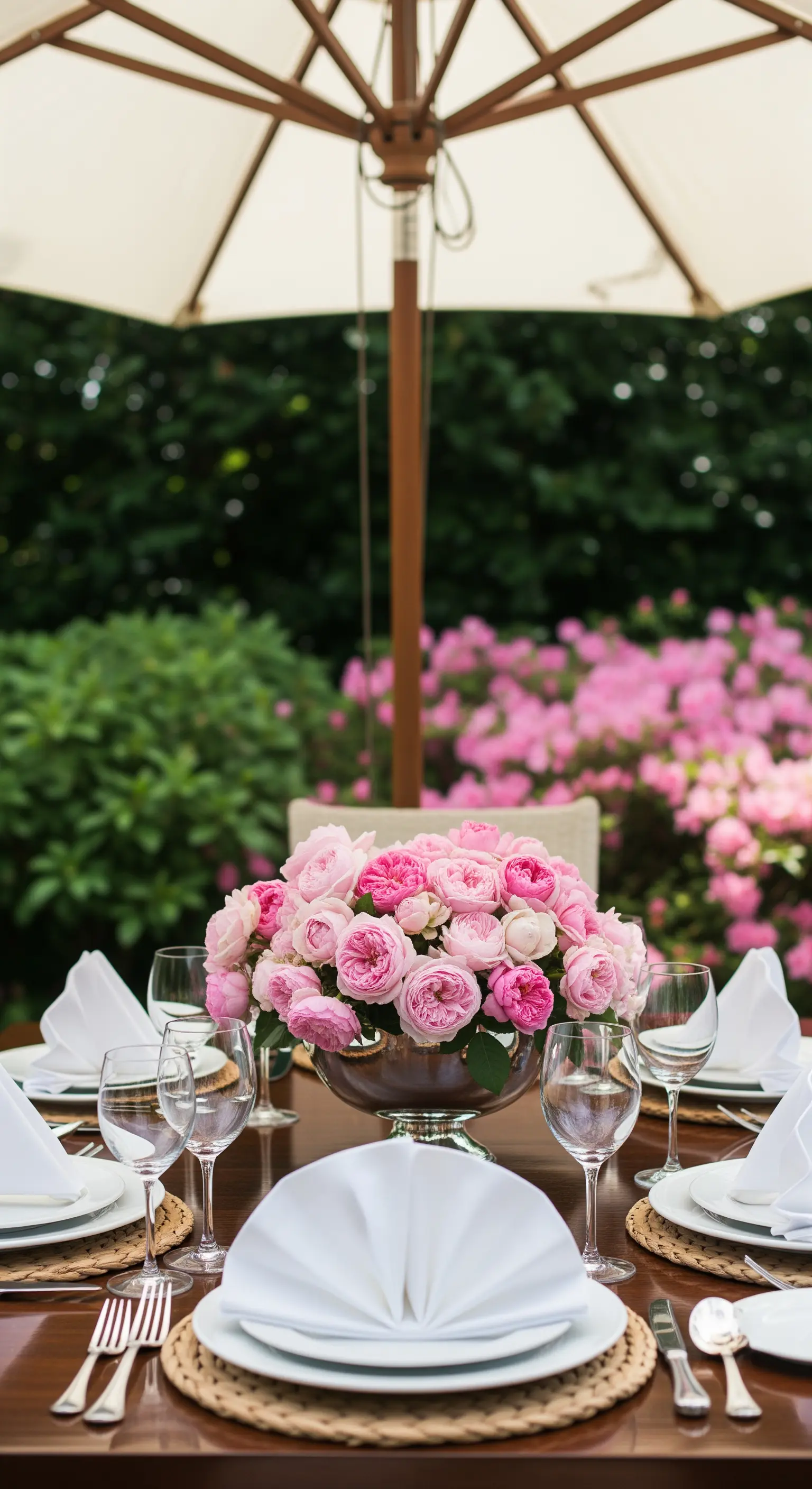 Tischdeko mit rosa Rosen in Schale