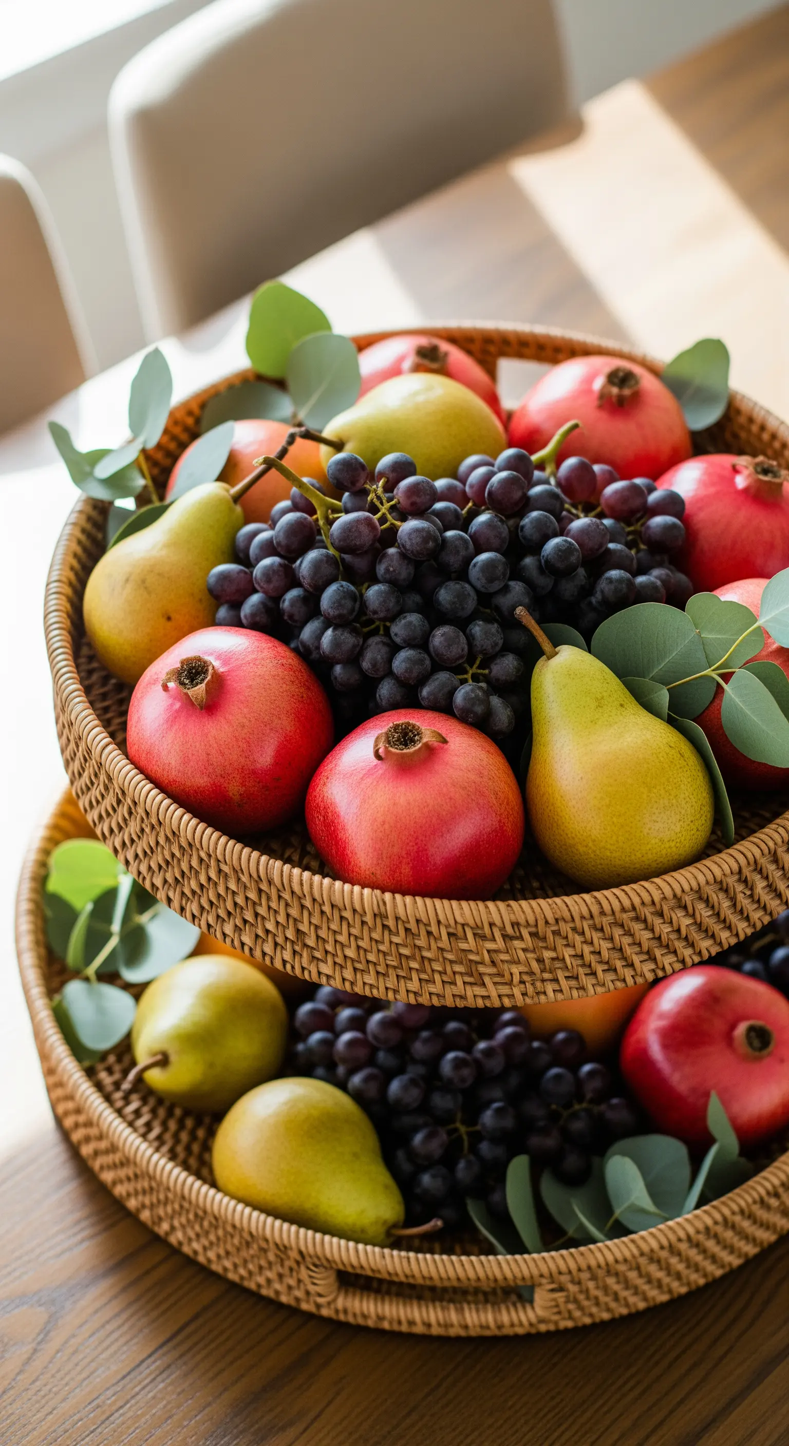 Korb-Etagere gefüllt mit Granatäpfeln, Birnen, Trauben und Eukalyptus