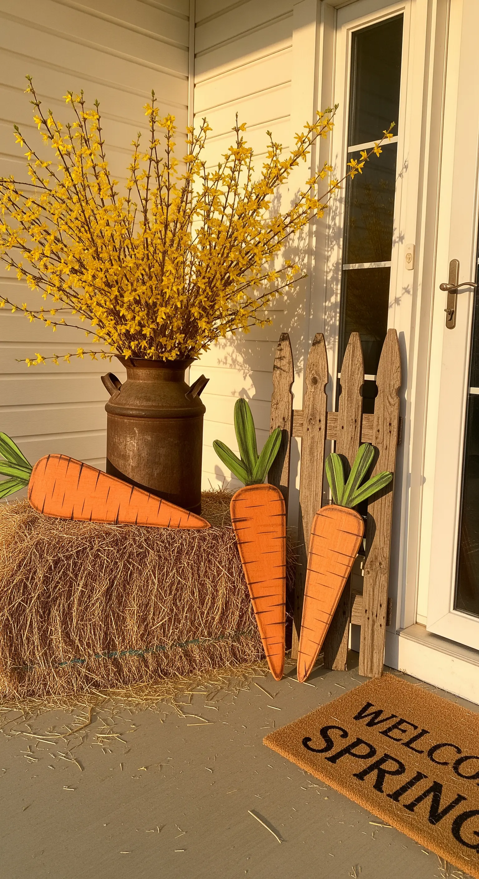 Veranda mit Milchkanne, Forsythienzweigen und riesigen Holzkarotten