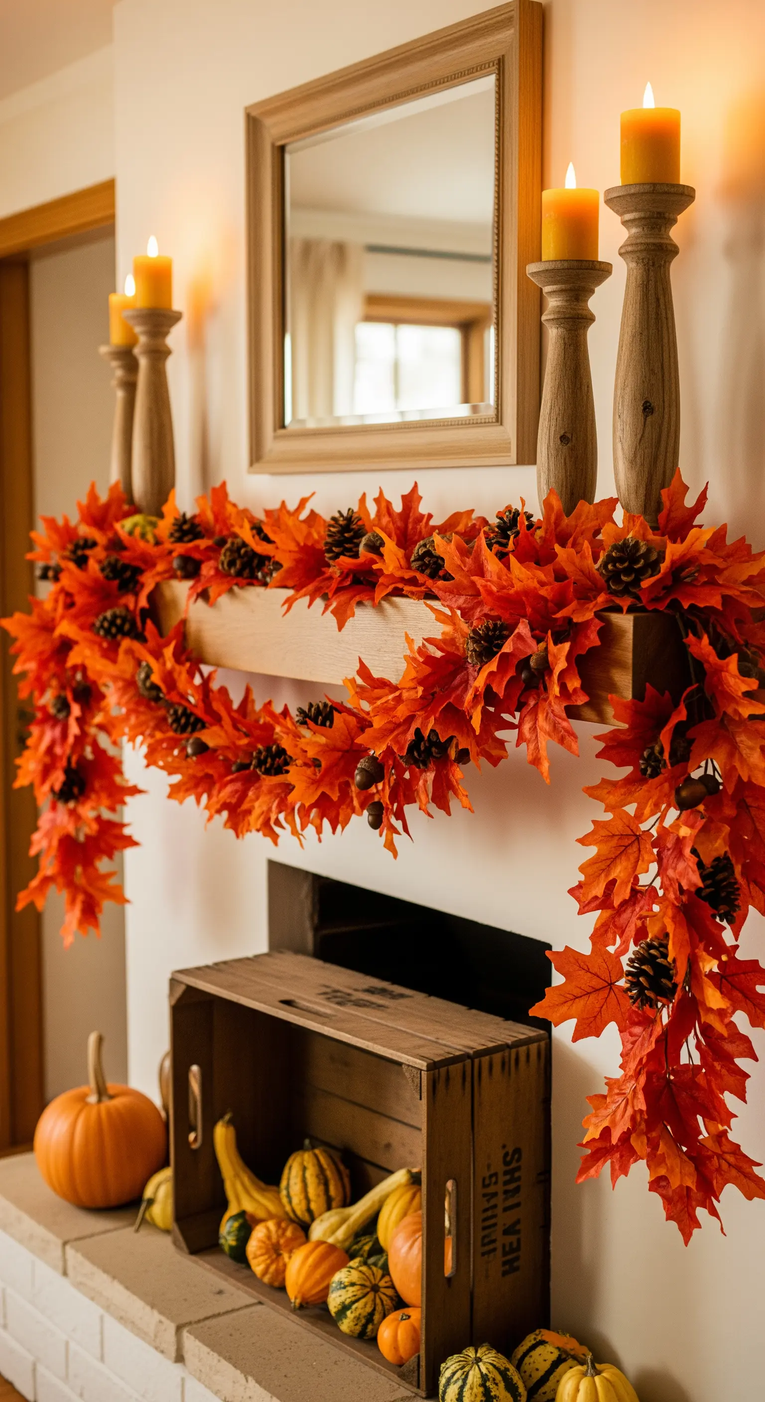 Rote Ahornblatt-Girlande am Kamin mit Kerzen