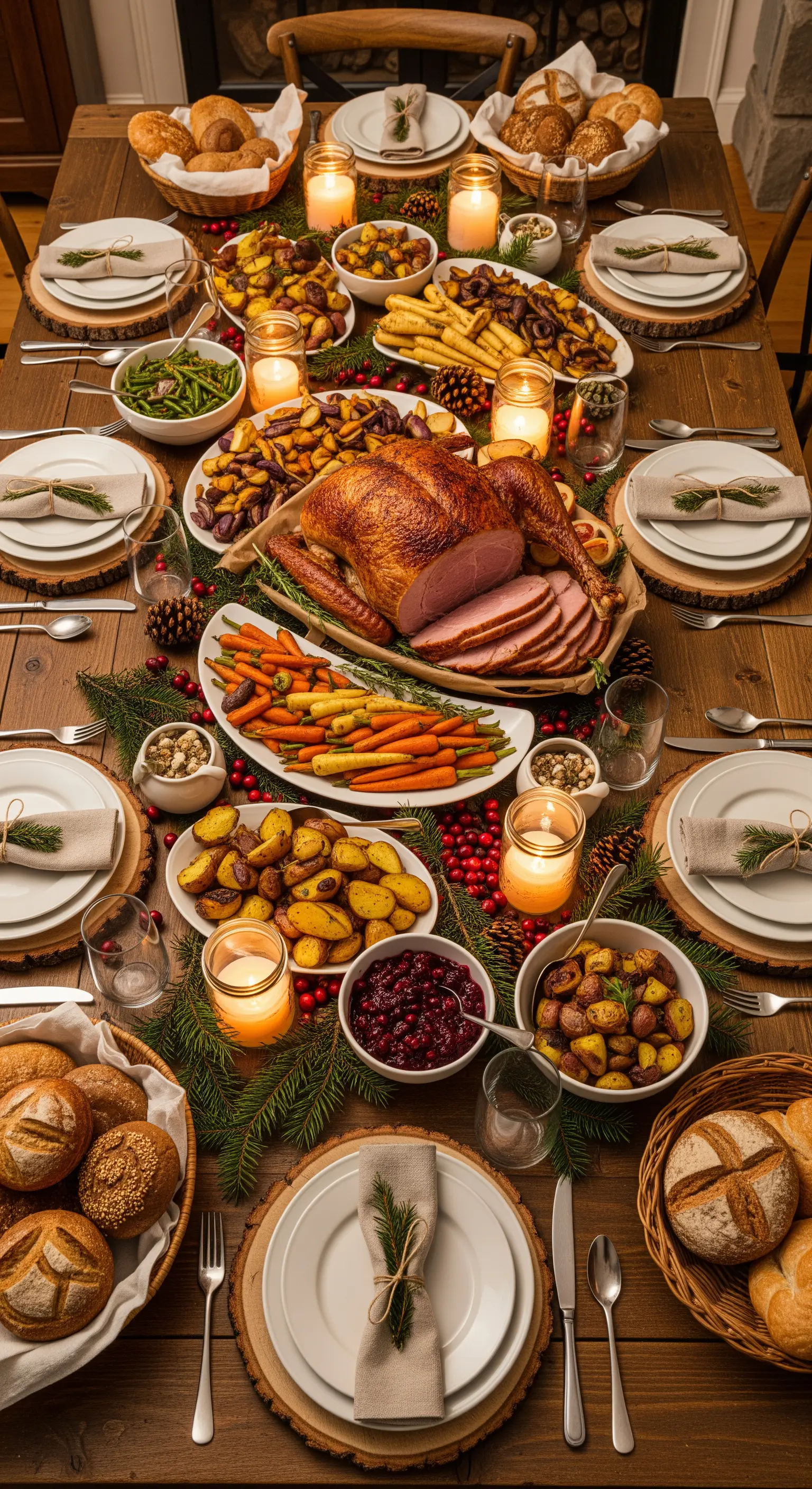 Reich gedeckter Tisch mit Braten und Beilagen