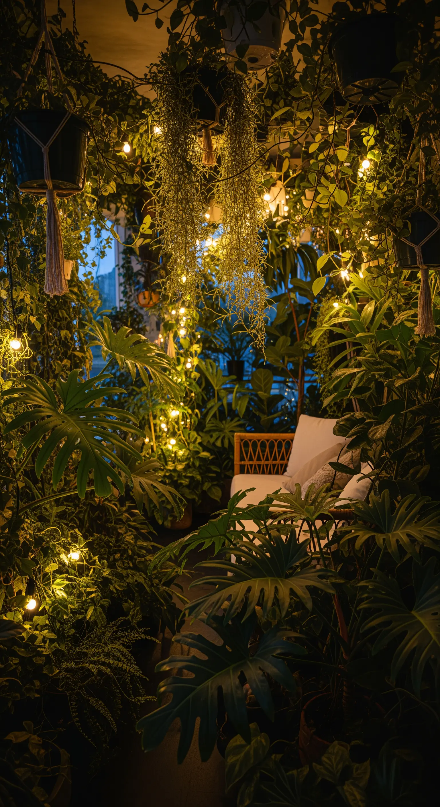 Dicht bewachsener Balkon mit vielen Hängepflanzen