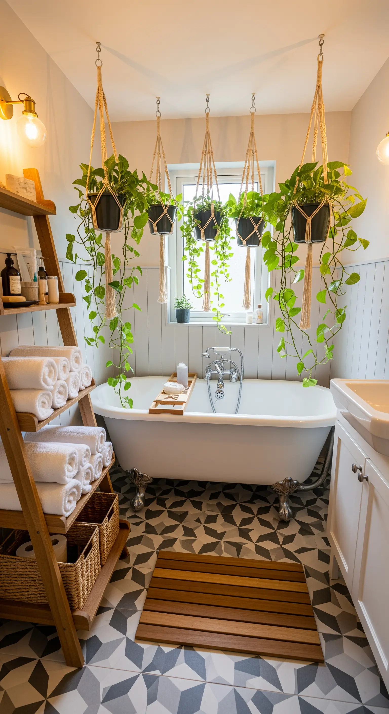 Badezimmer mit freistehender Wanne und vielen hängenden Pflanzen