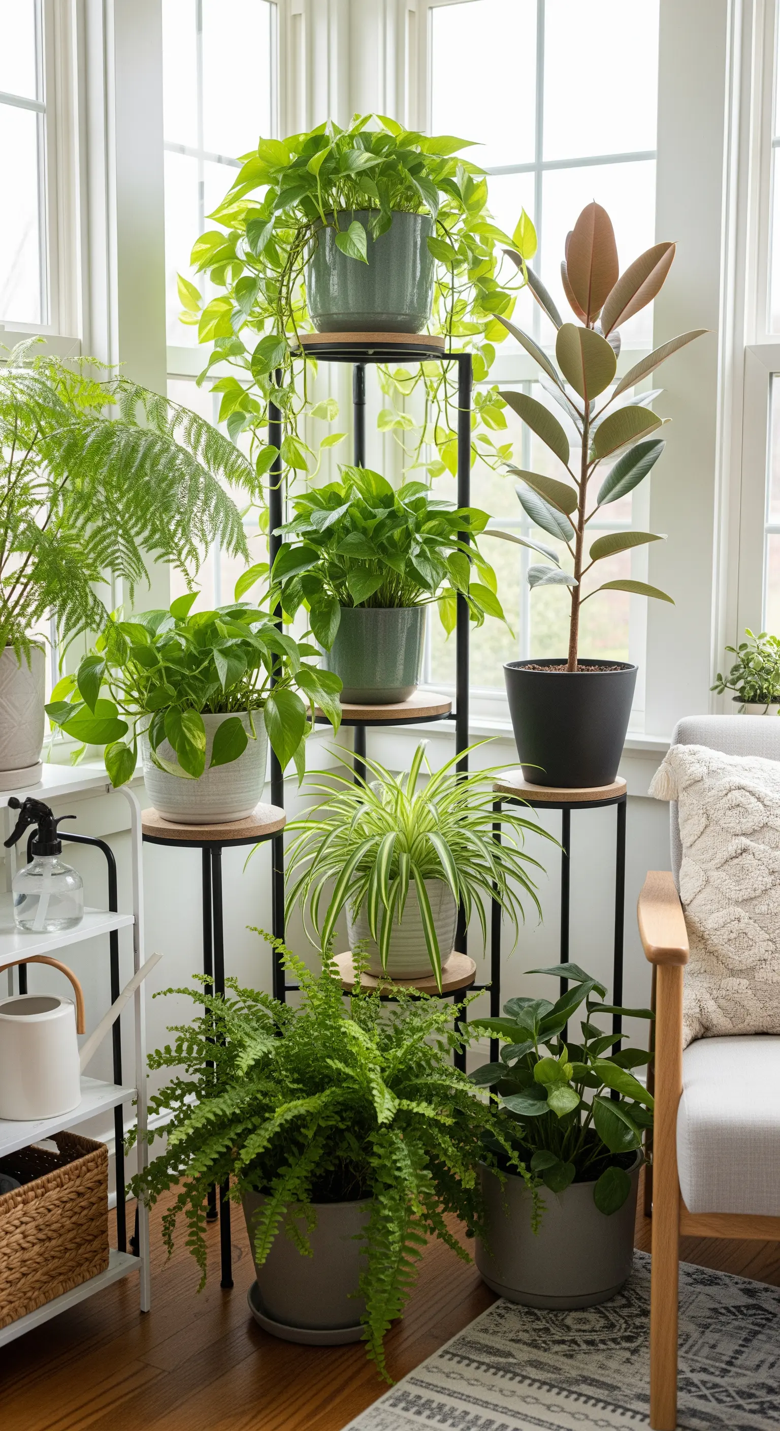 Schwarzer Pflanzenständer mit verschiedenen Zimmerpflanzen