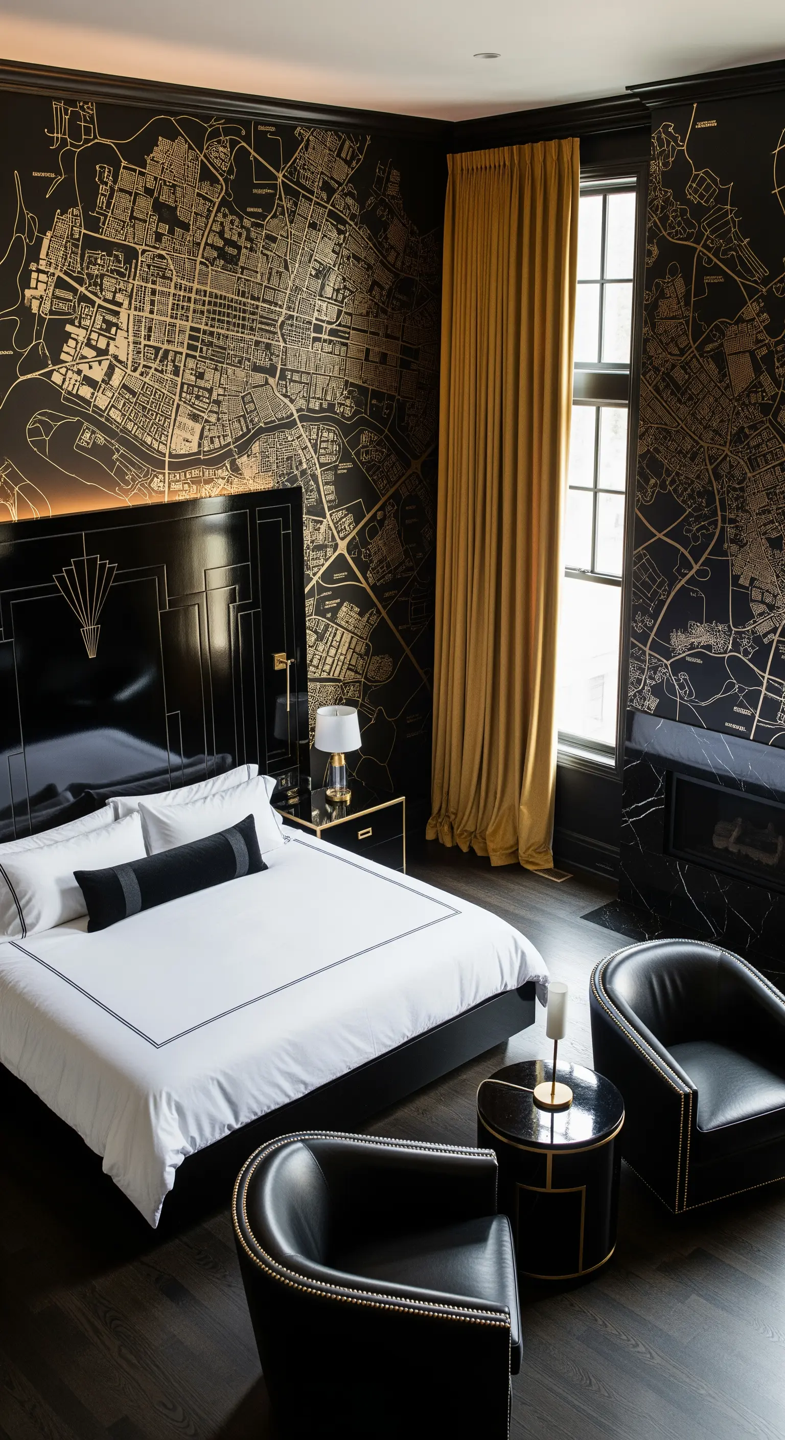 Schwarze Stadtplan-Tapete mit gelben Vorhängen