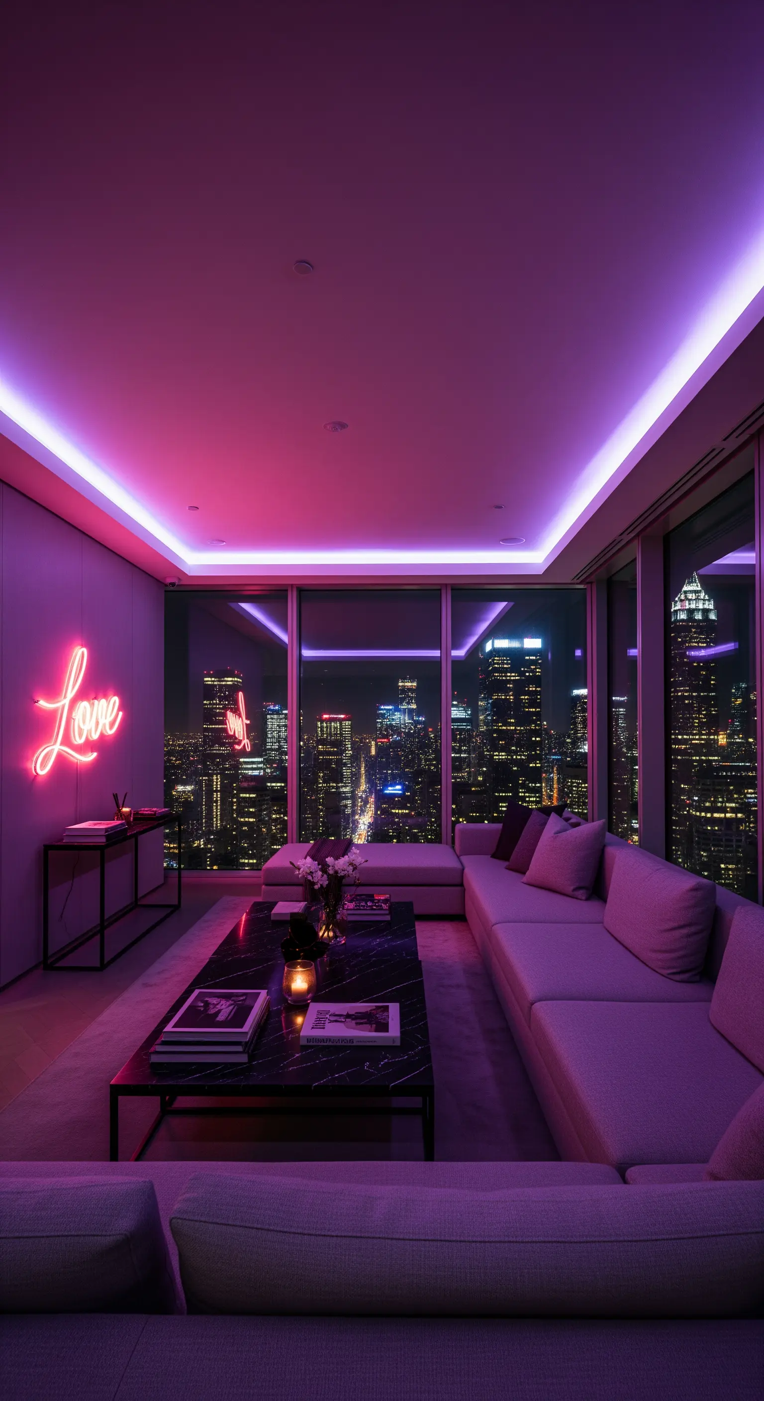 Modernes Apartment mit pinkem Neon-Schild und Skyline
