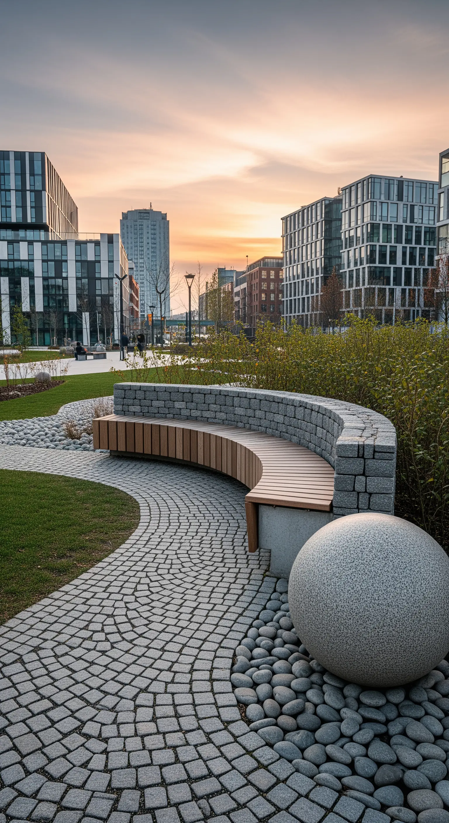 Geschwungene Steinmauer mit Holzsitzfläche