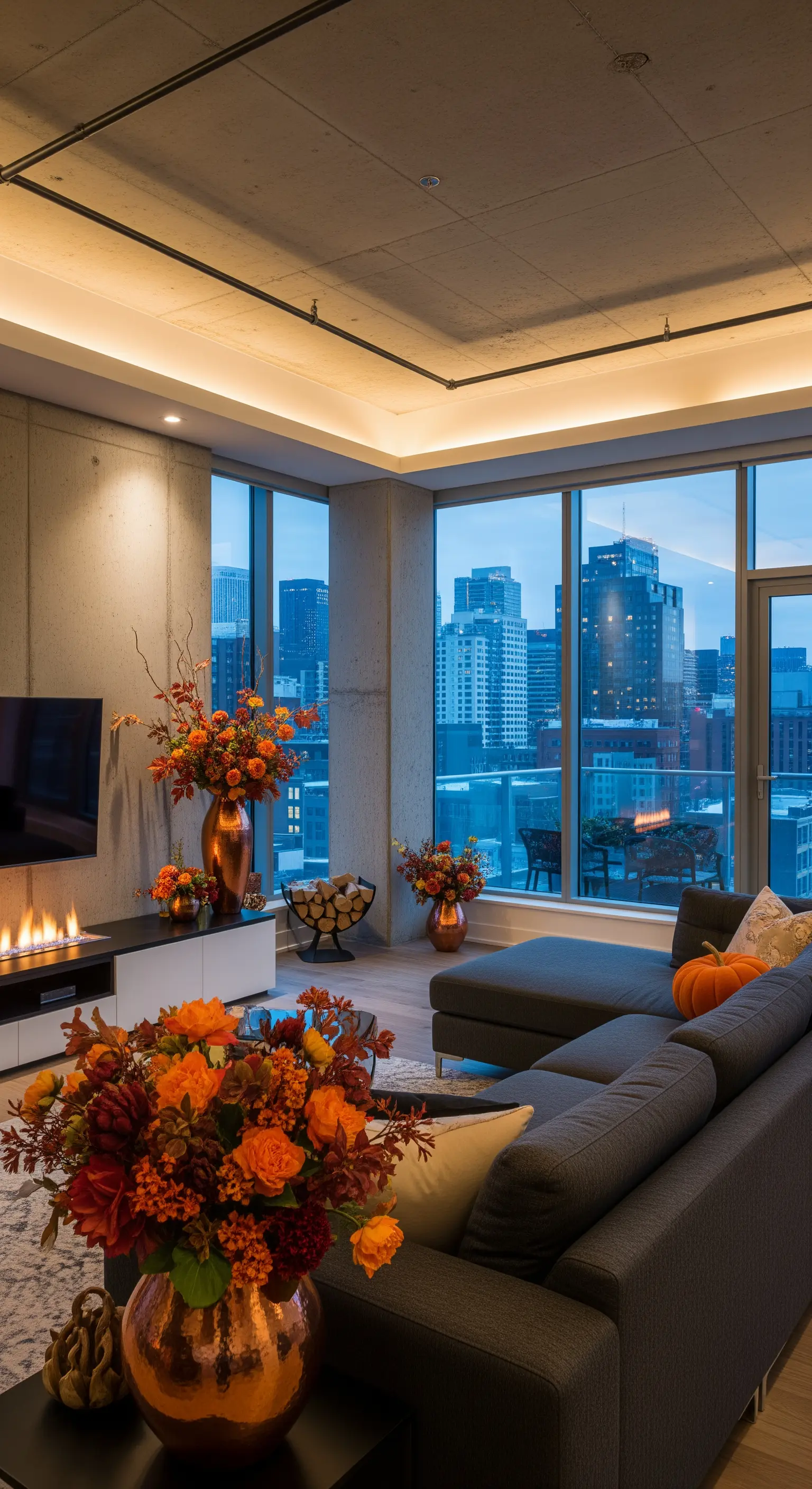 Modernes Loft mit Stadtblick und großen Herbststräußen