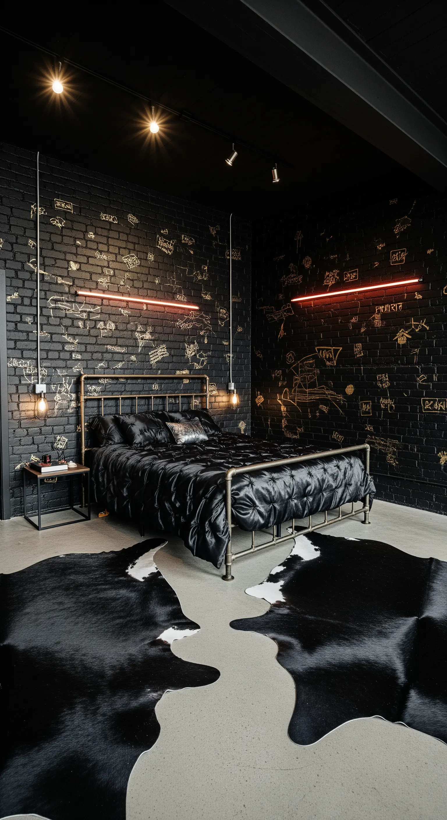 Schwarze Backsteinwand mit goldenen Kritzeleien und Neonröhre