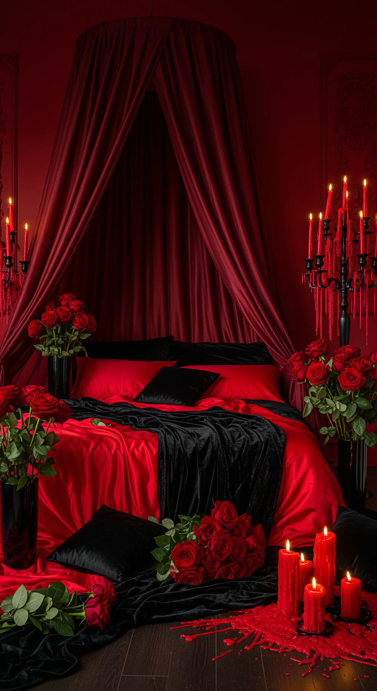 Rotes Schlafzimmer mit Baldachin, Rosen und Kerzenleuchter