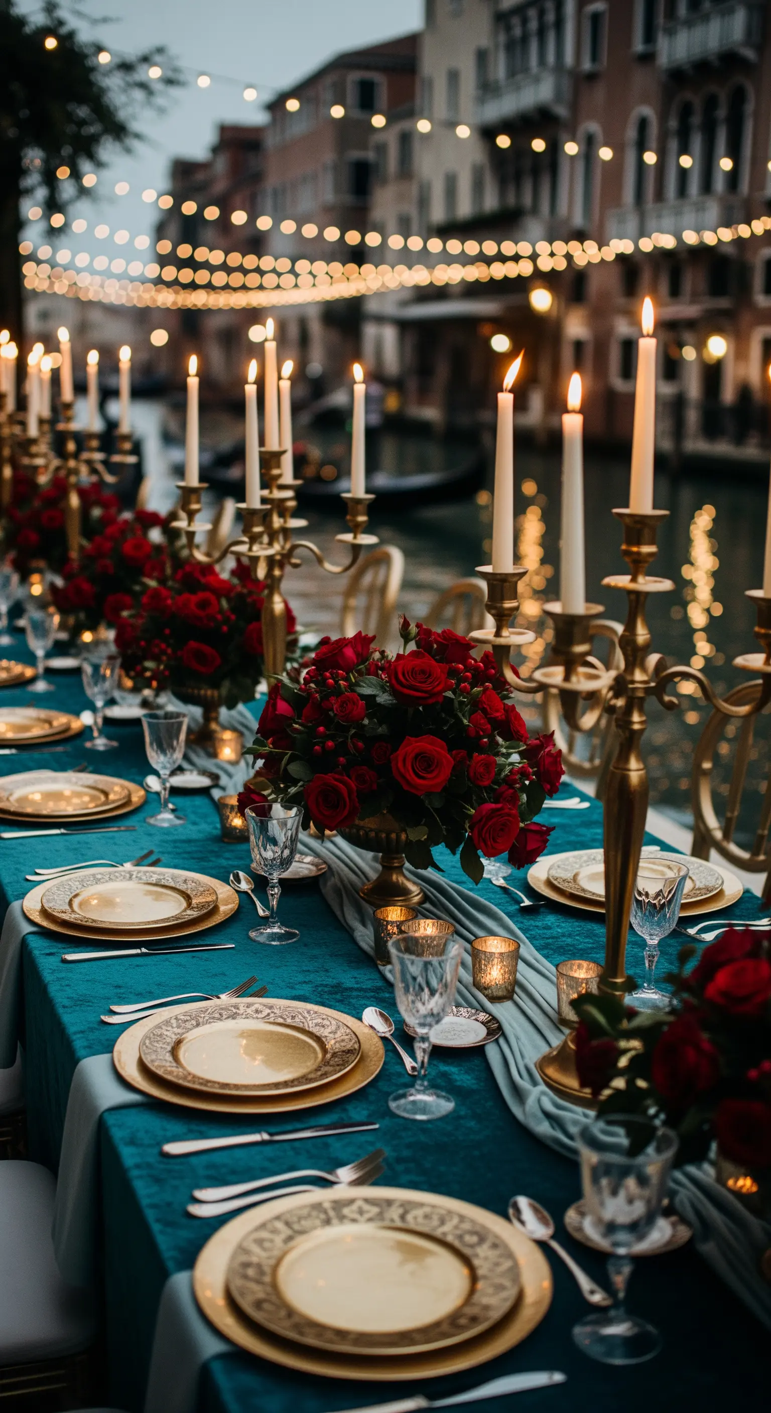 Dunkelblauer Samttisch mit goldenen Kandelabern und roten Rosen