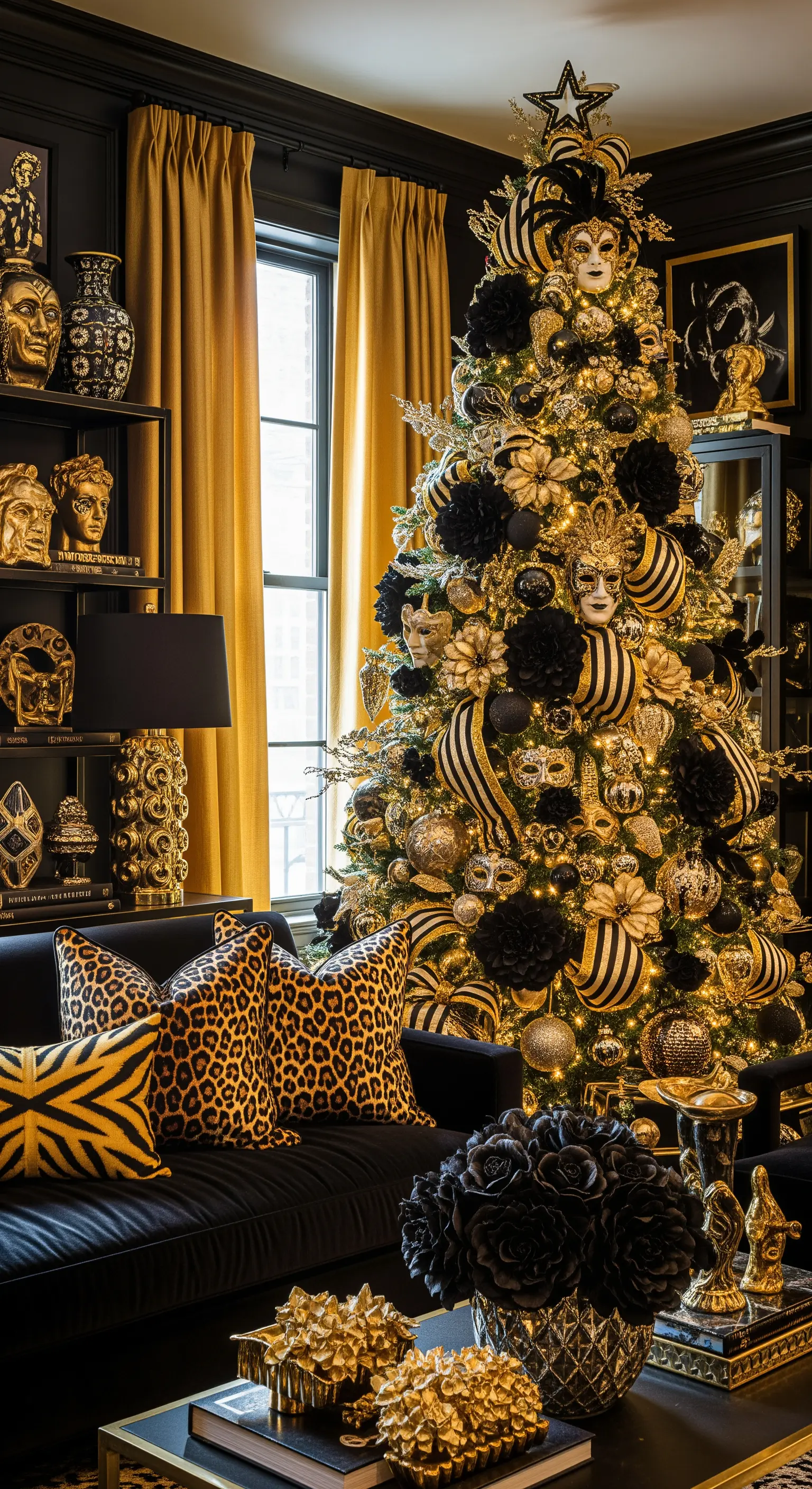 Üppig geschmückter Baum mit Masken, schwarzen Blüten und Leopardenmuster-Kissen