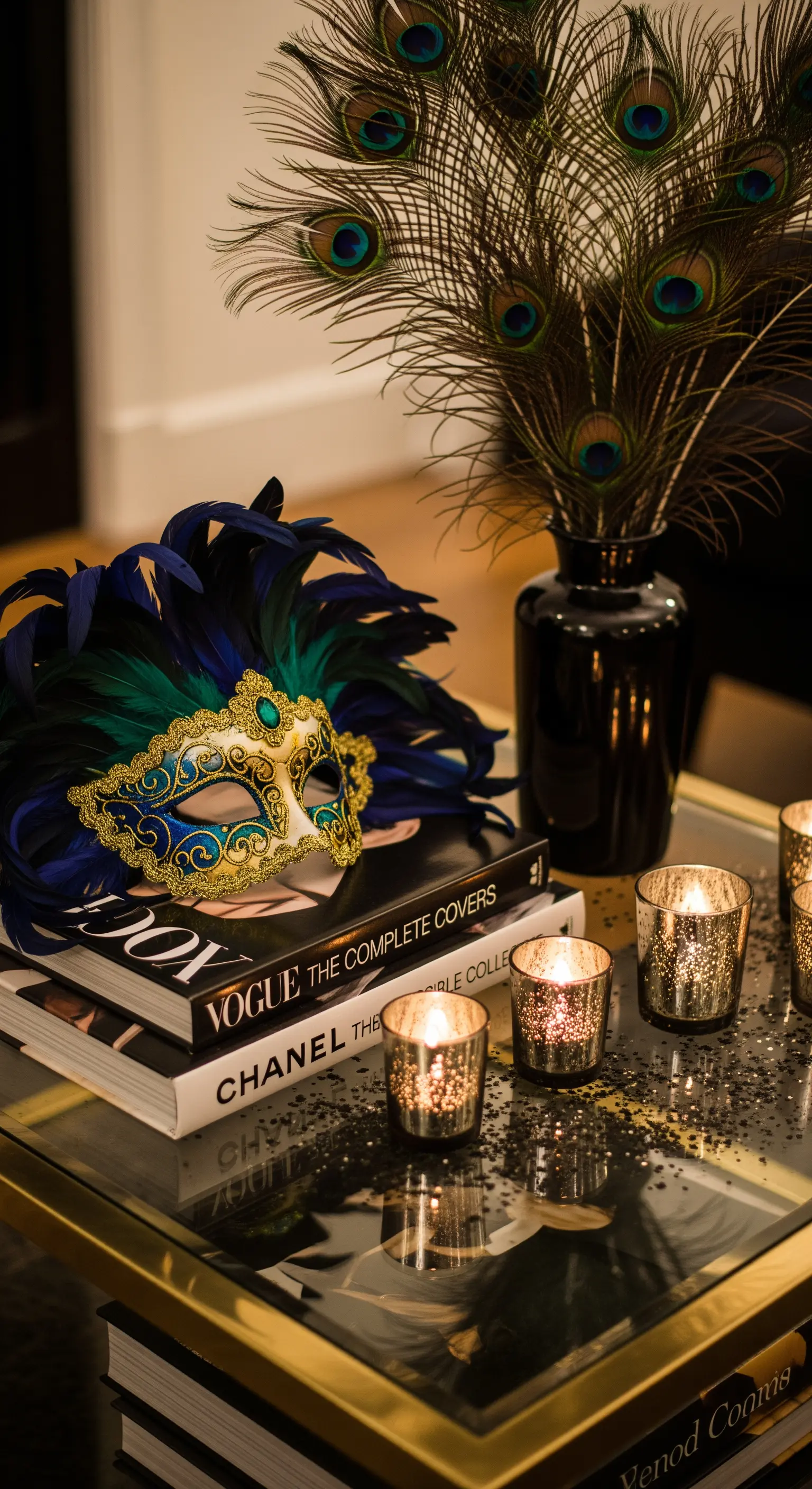 Venezianische Maske, Pfauenfedern und Teelichter auf Büchern