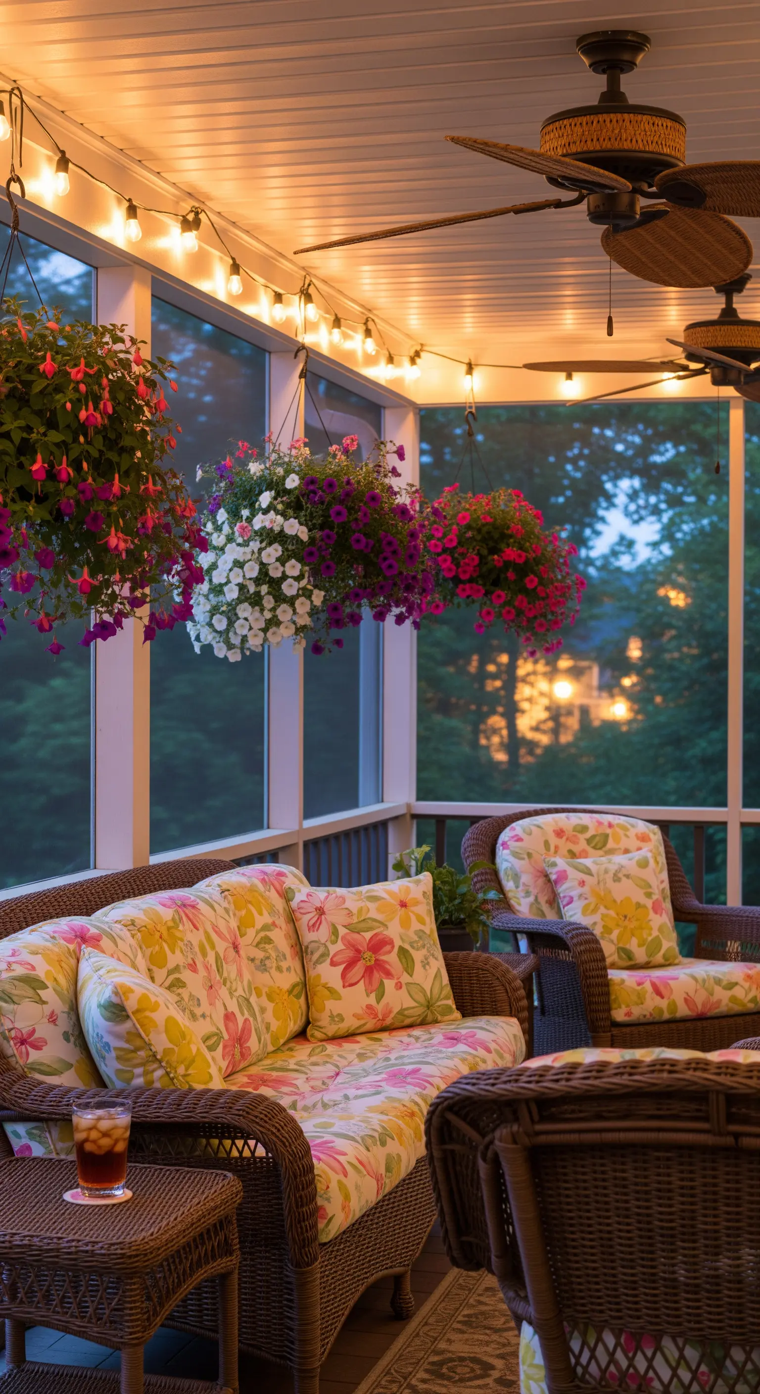 Überdachte Veranda mit Rattanmöbeln und Blumenampeln