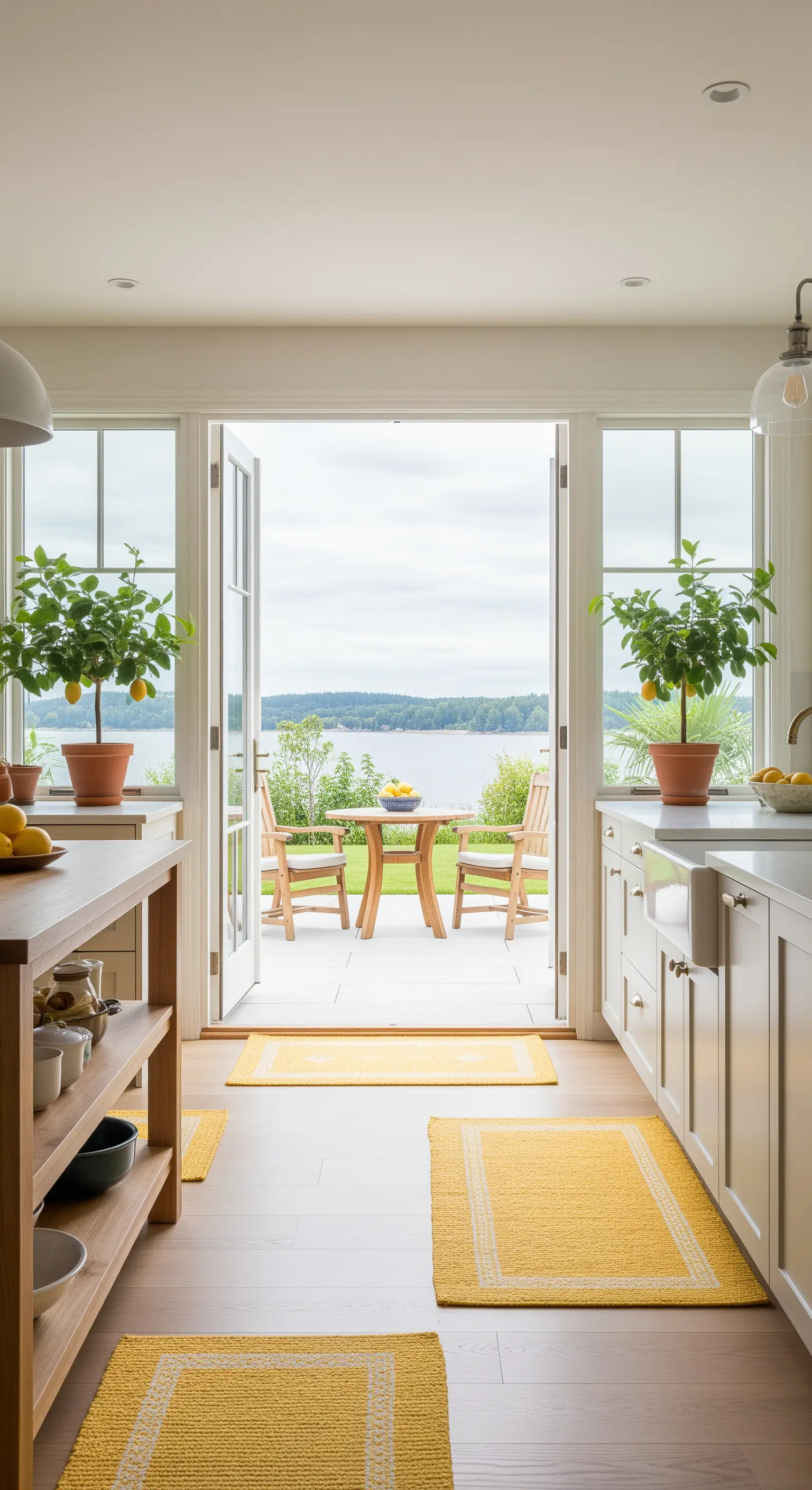 Blick durch offene Terrassentür mit gelben Teppichen