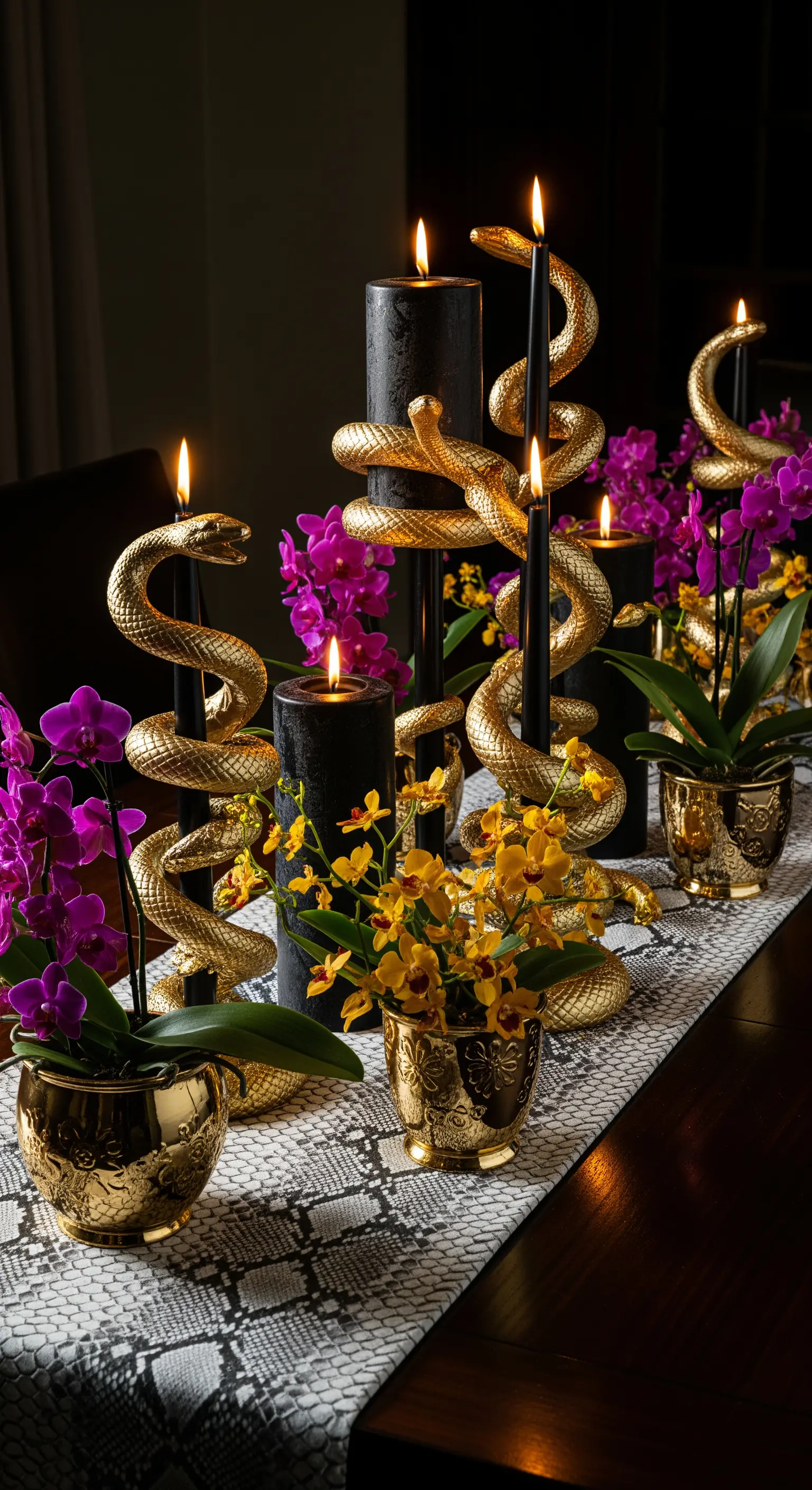 Goldene Schlangen um schwarze Kerzen und lila Orchideen