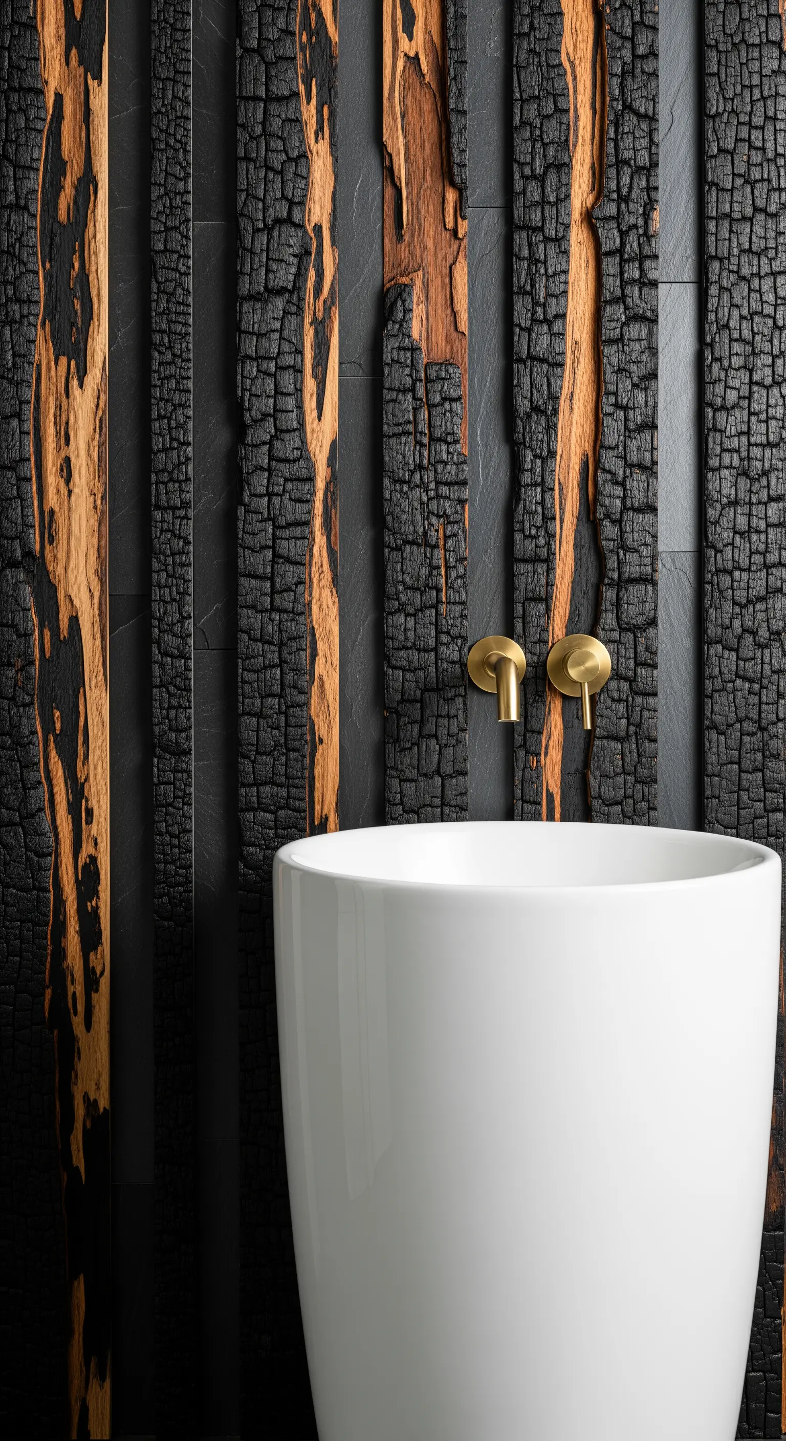Wandverkleidung aus verkohltem Holz hinter Waschbecken