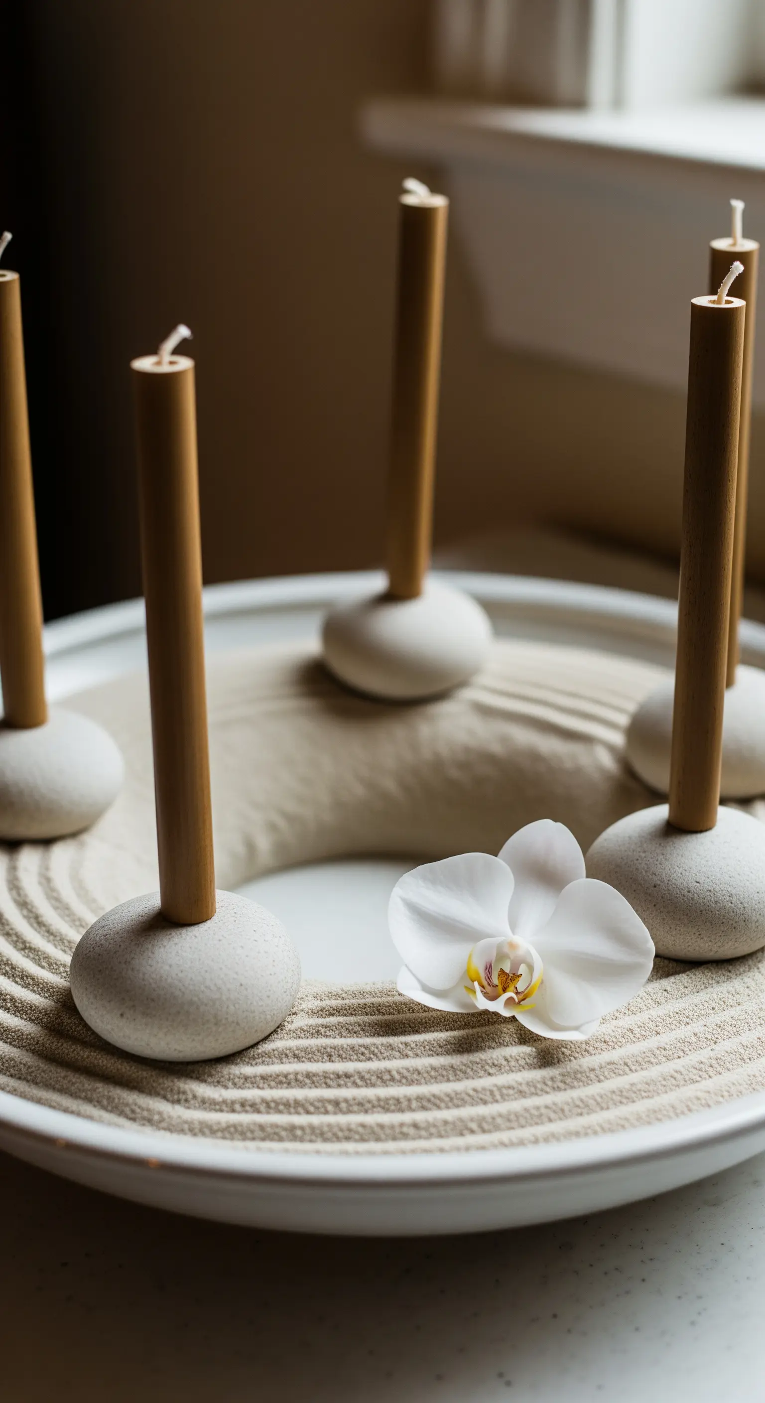 Vier Einmachgläser mit Kunstschnee, Cranberrys und Teelichtern auf Holzbrett vor Fenster