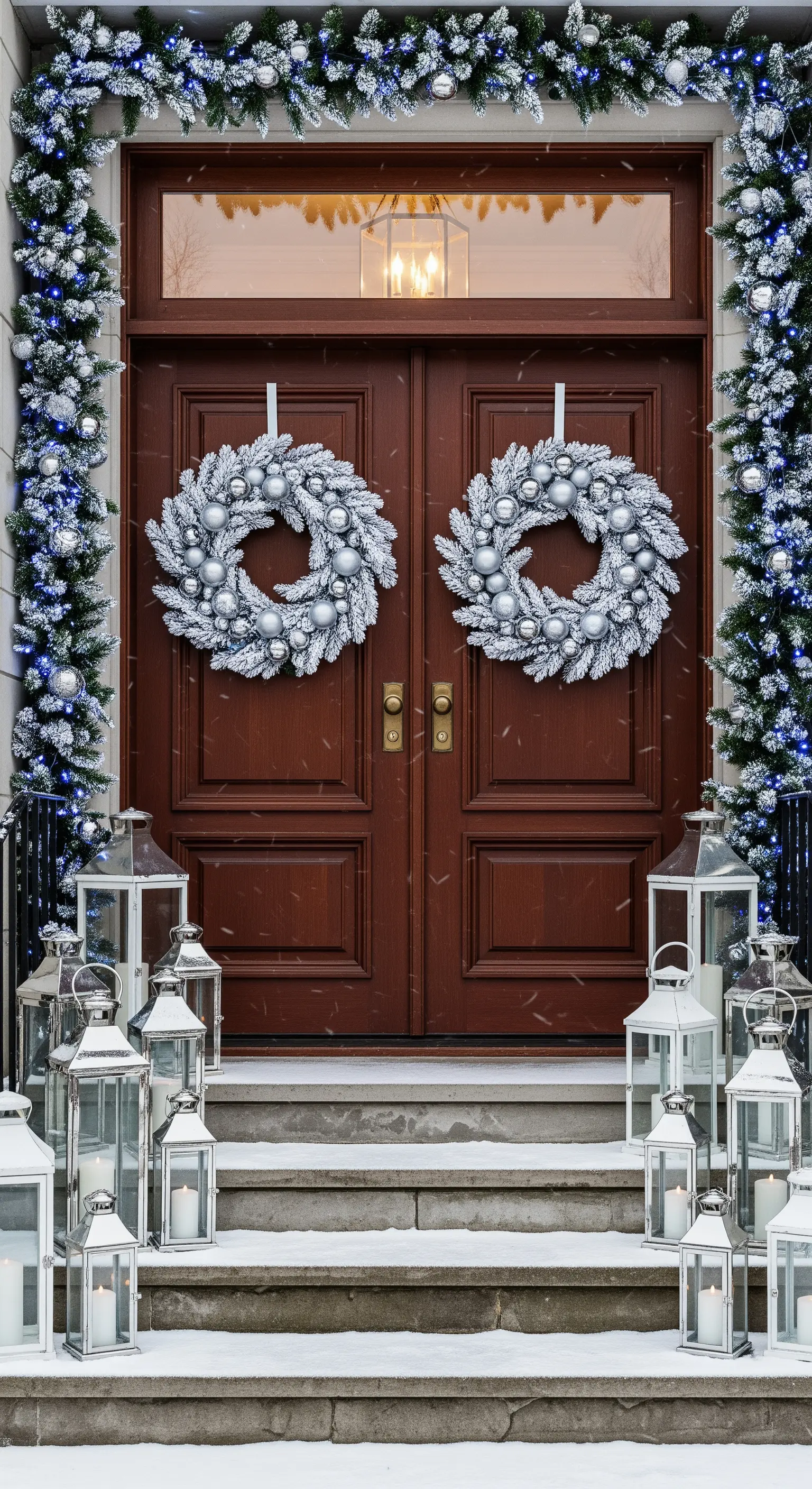 Doppeltür mit geflockten Kränzen und blauen Lichtern