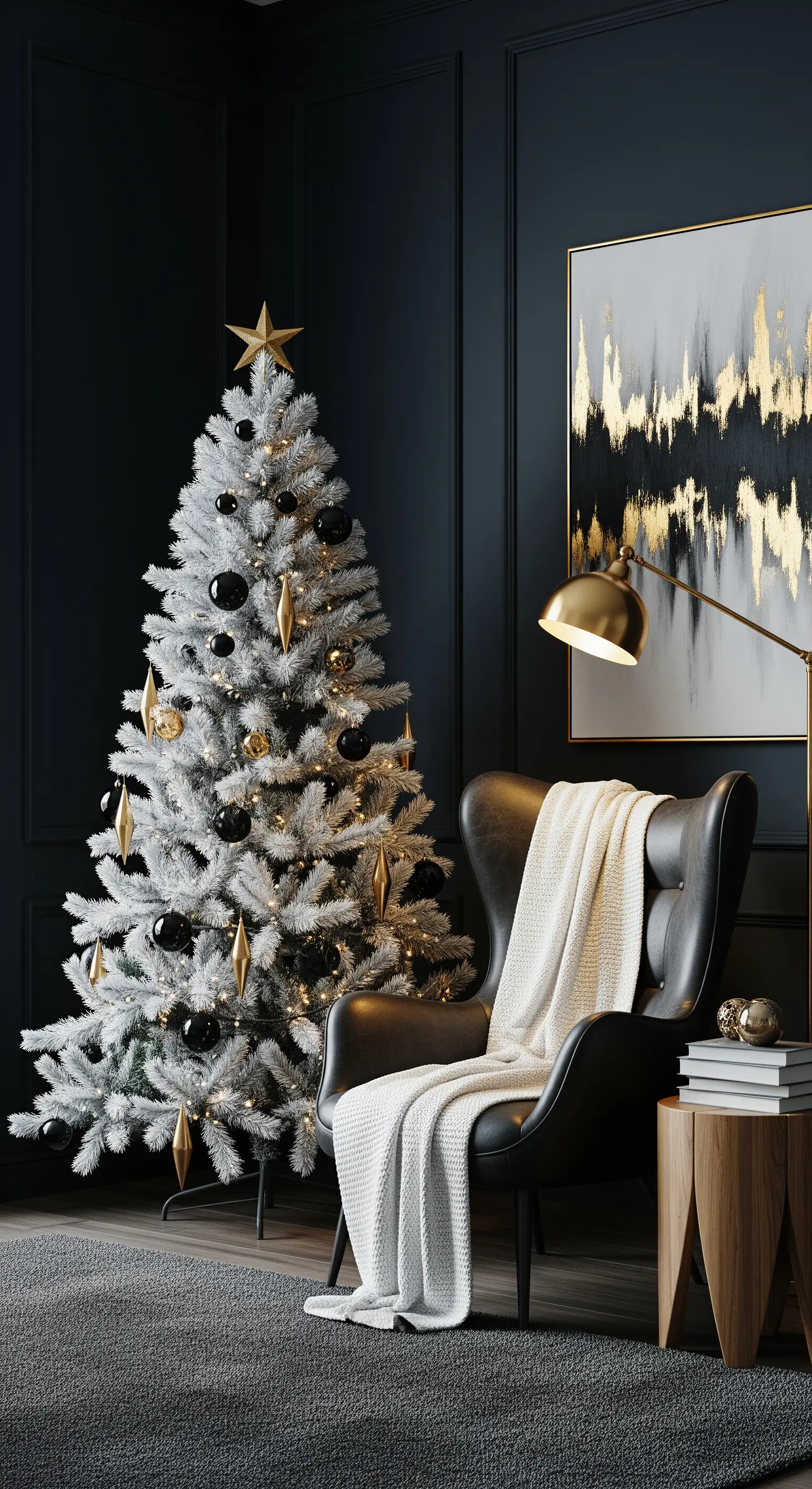 Weißer geflockter Baum mit schwarzem Schmuck vor dunkler Wand