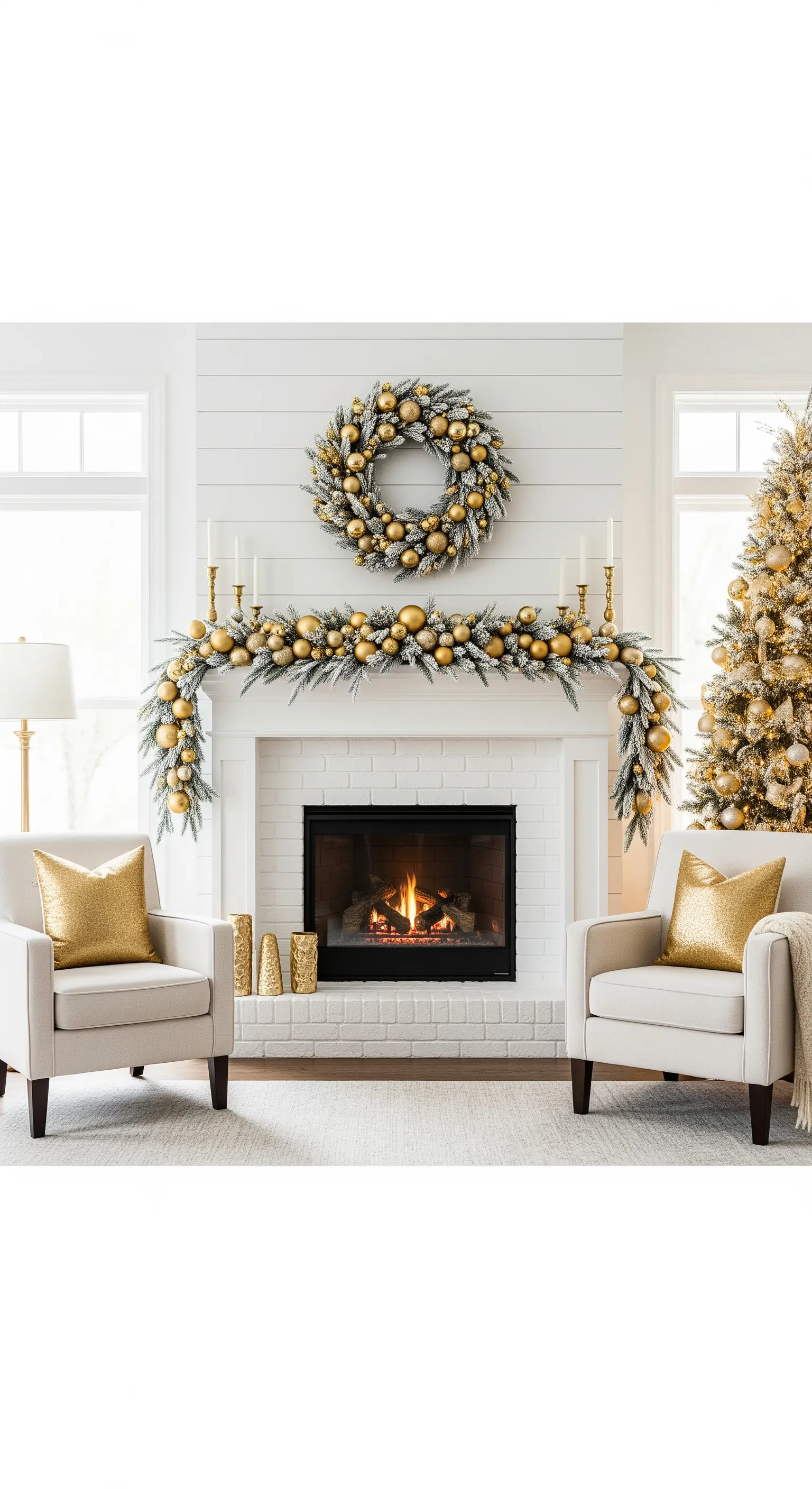 Weißer Kamin mit stark beflockter, verschneiter Girlande und goldenen Akzenten.