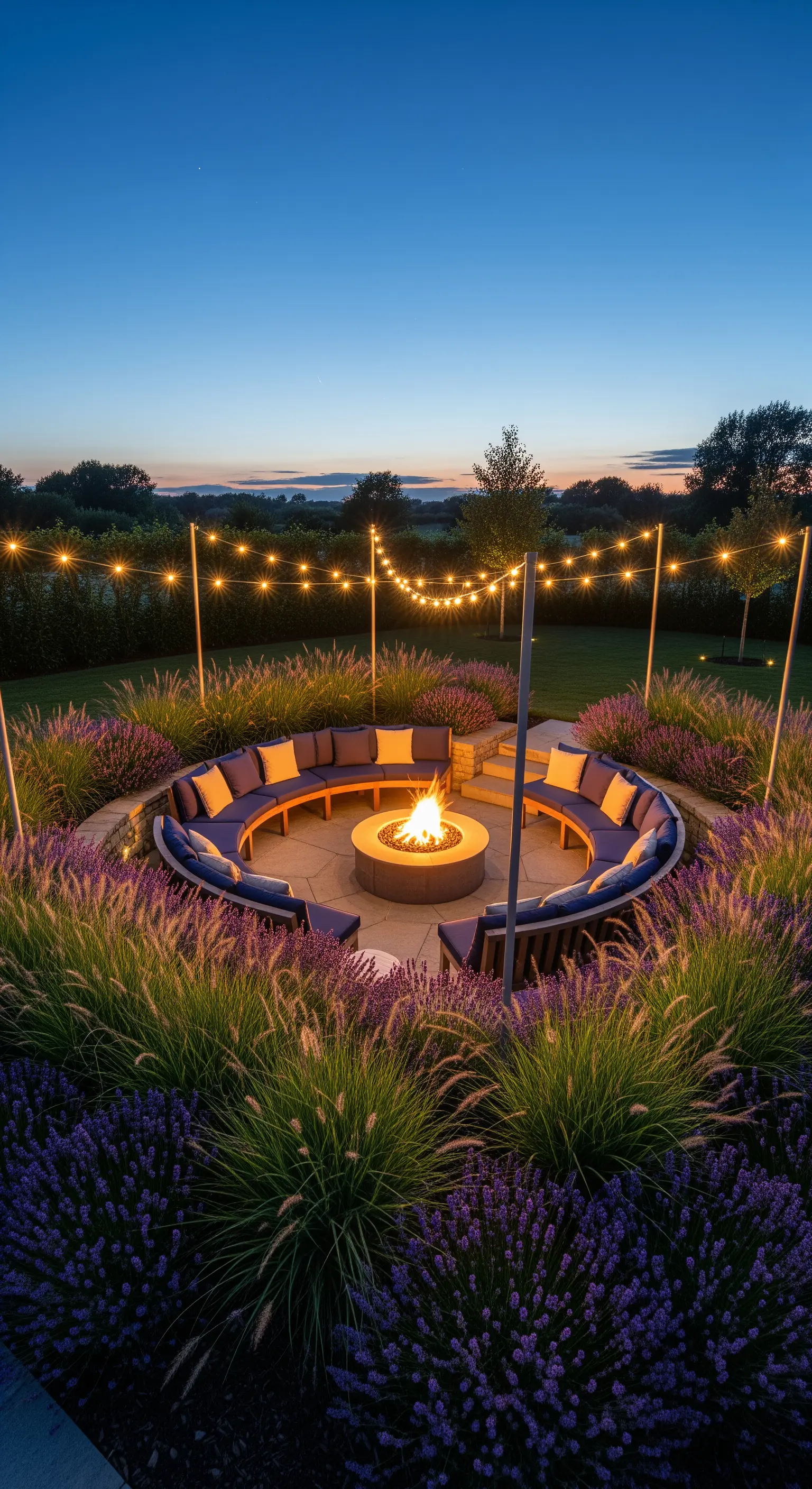 Runde Outdoor-Lounge mit Feuerstelle und Lavendelfeld