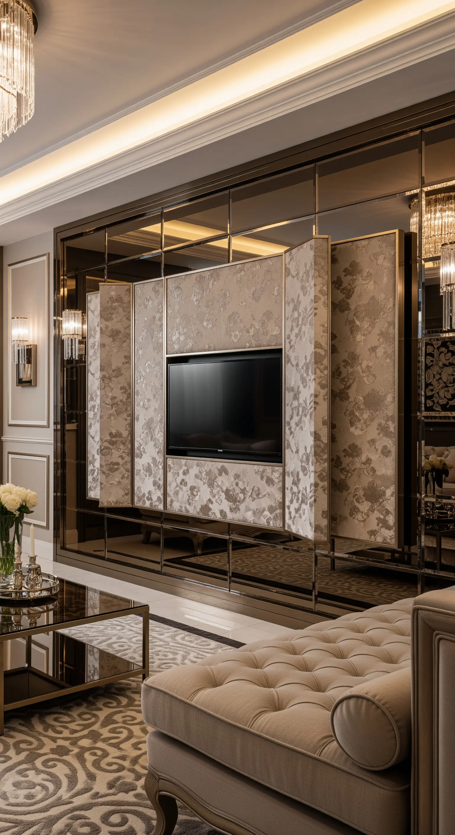 Luxus-Wand mit Spiegeln und floralen Stoffpaneelen