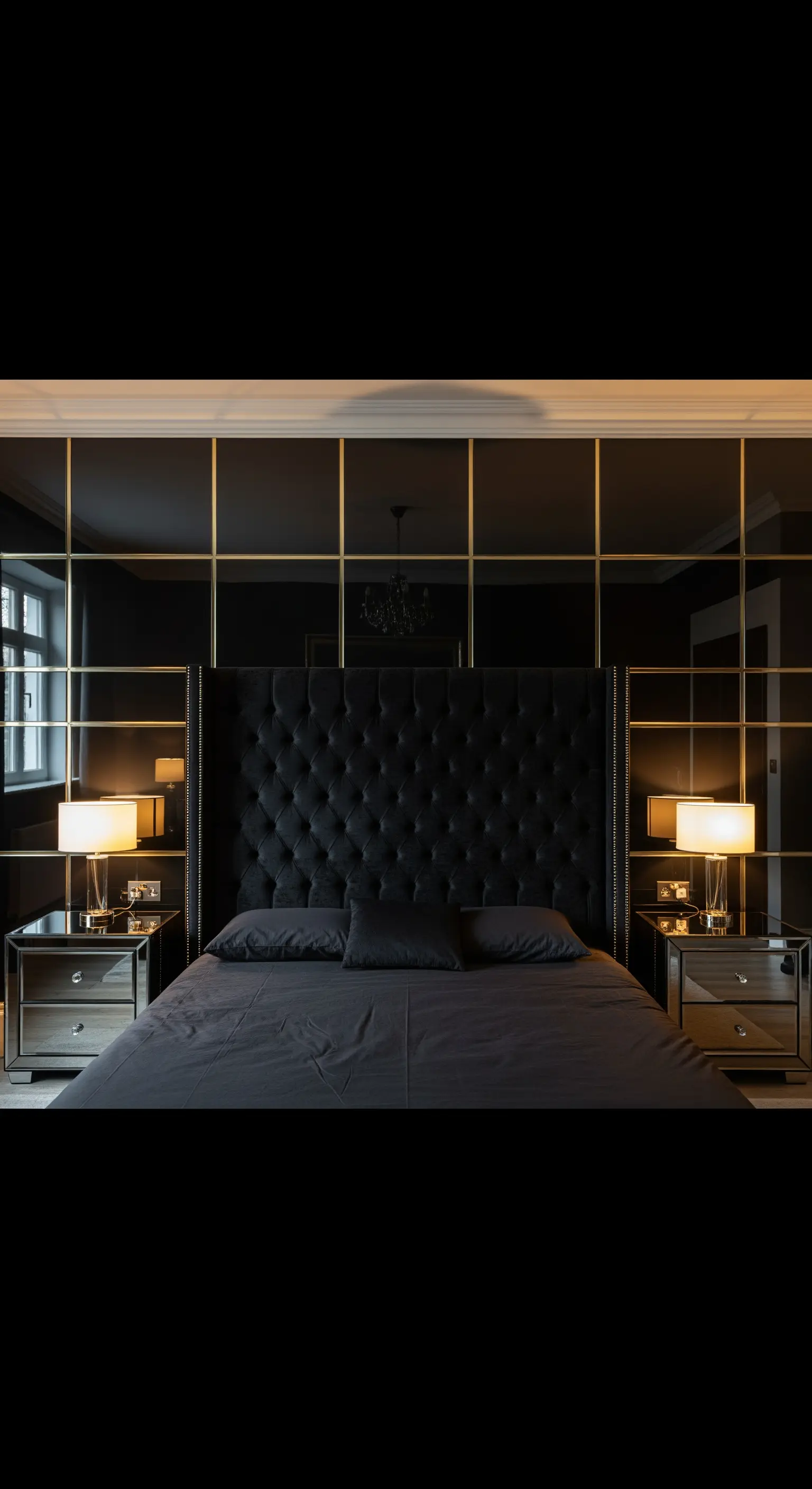 Schlafzimmer mit Spiegelwand und goldenen Linien