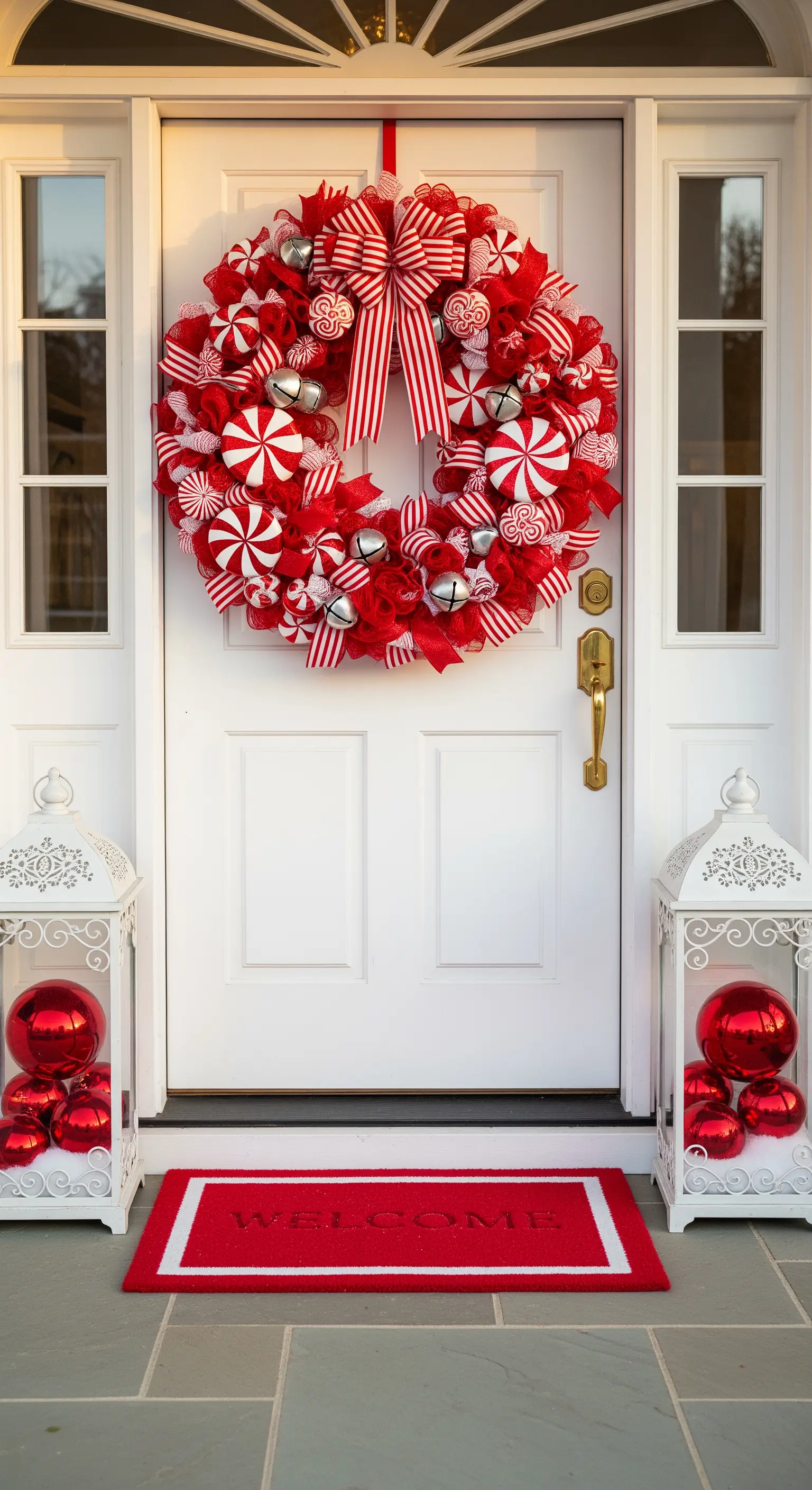 Weiße Tür mit riesigem rot-weißem Schleifenkranz