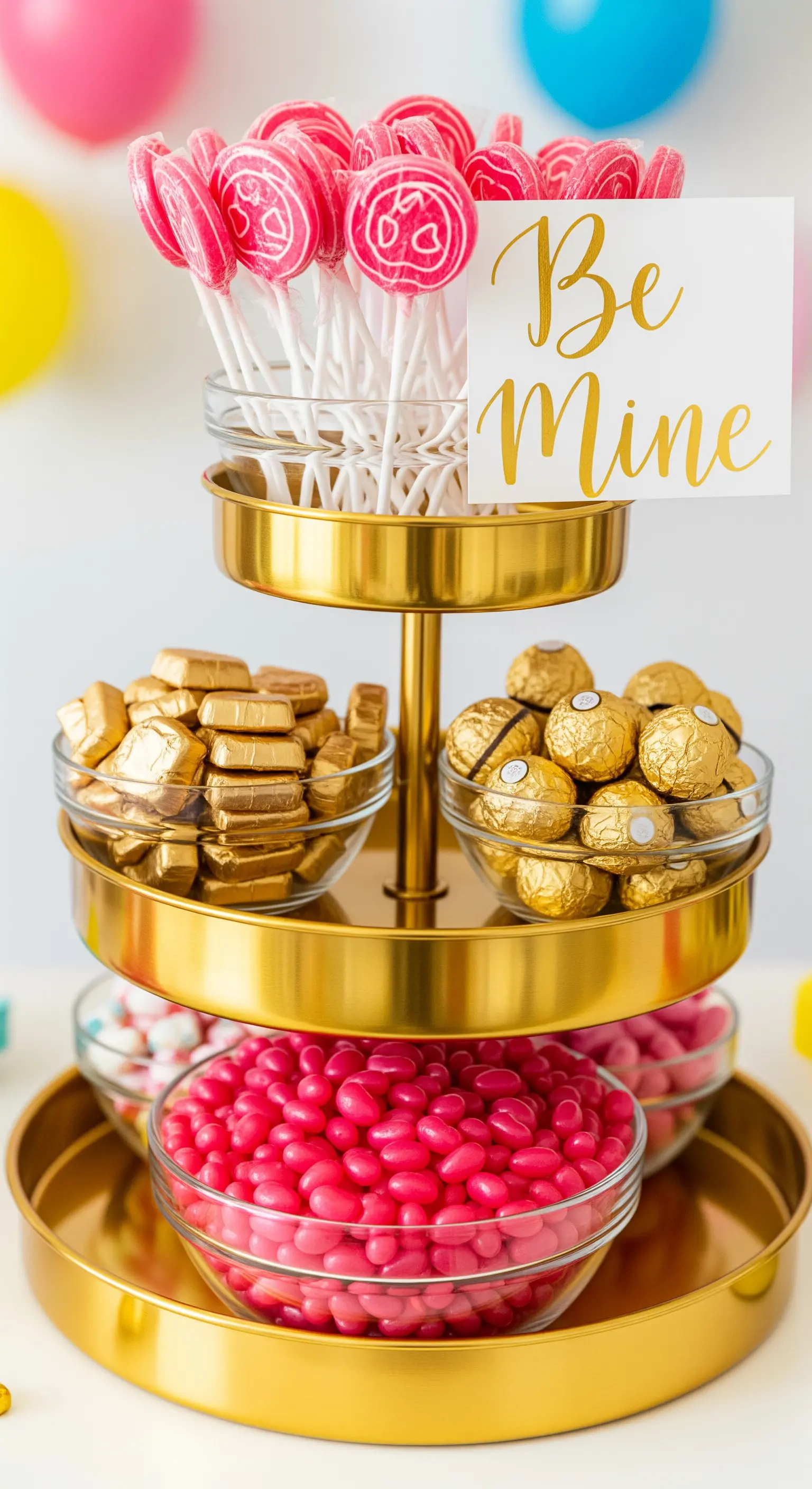 Goldene Etagere mit bunten Süßigkeiten und Lollis
