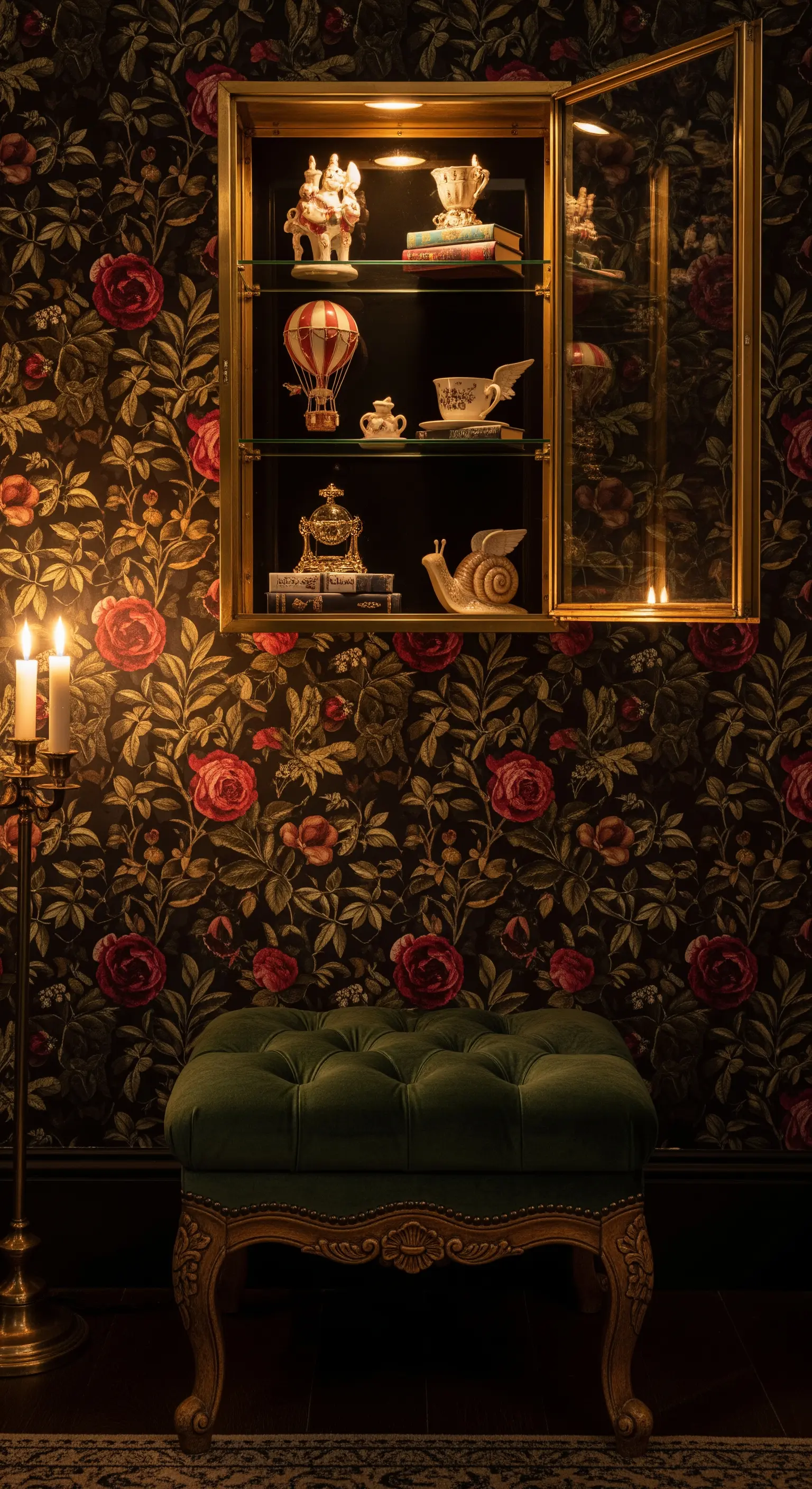 Goldener Hängeschrank an floraler Tapete mit Porzellan und Modellballons