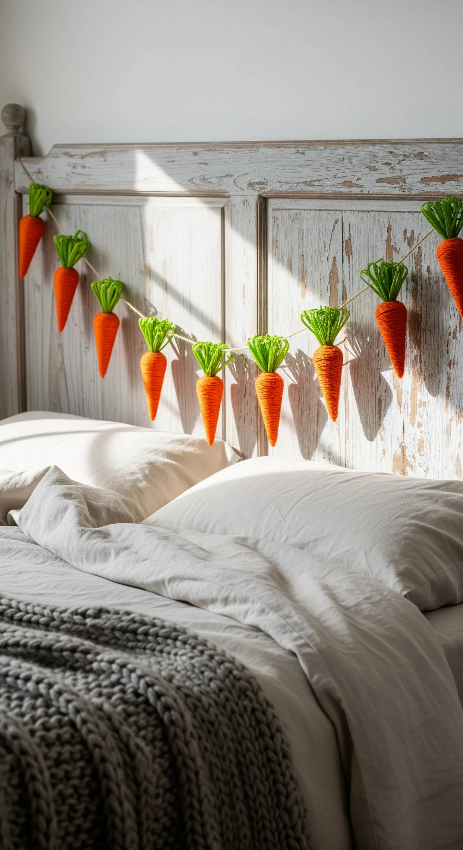 Girlande aus orangefarbenen Woll-Karotten am weißen Bettkopfteil