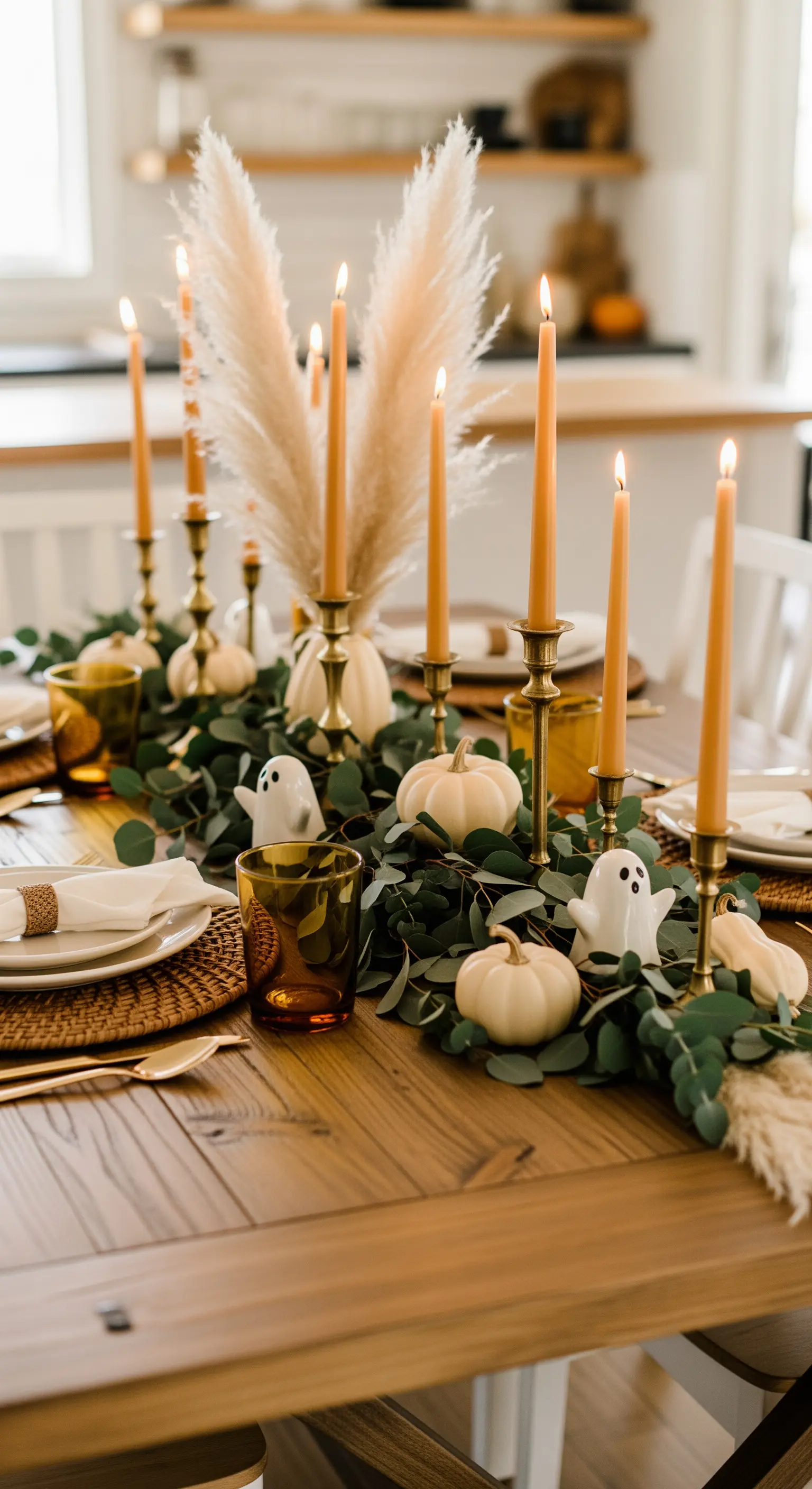 Halloween Tischdeko mit Eukalyptus und Keramikgeistern