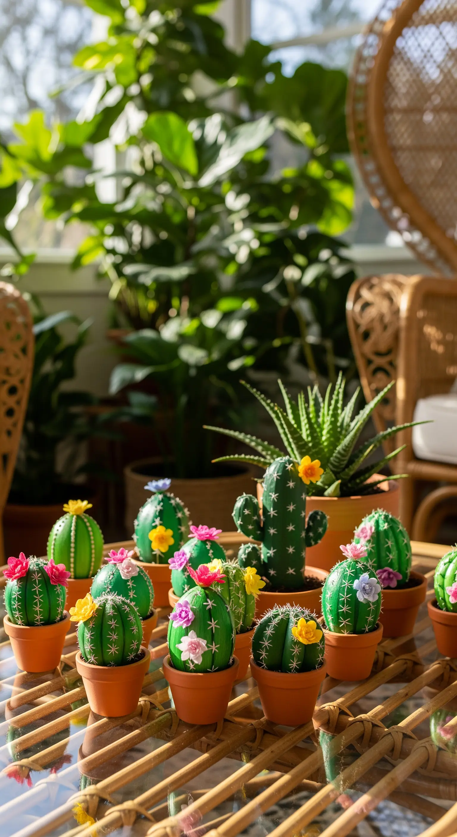 Grüne Ostereier als Kakteen bemalt in Mini-Töpfen