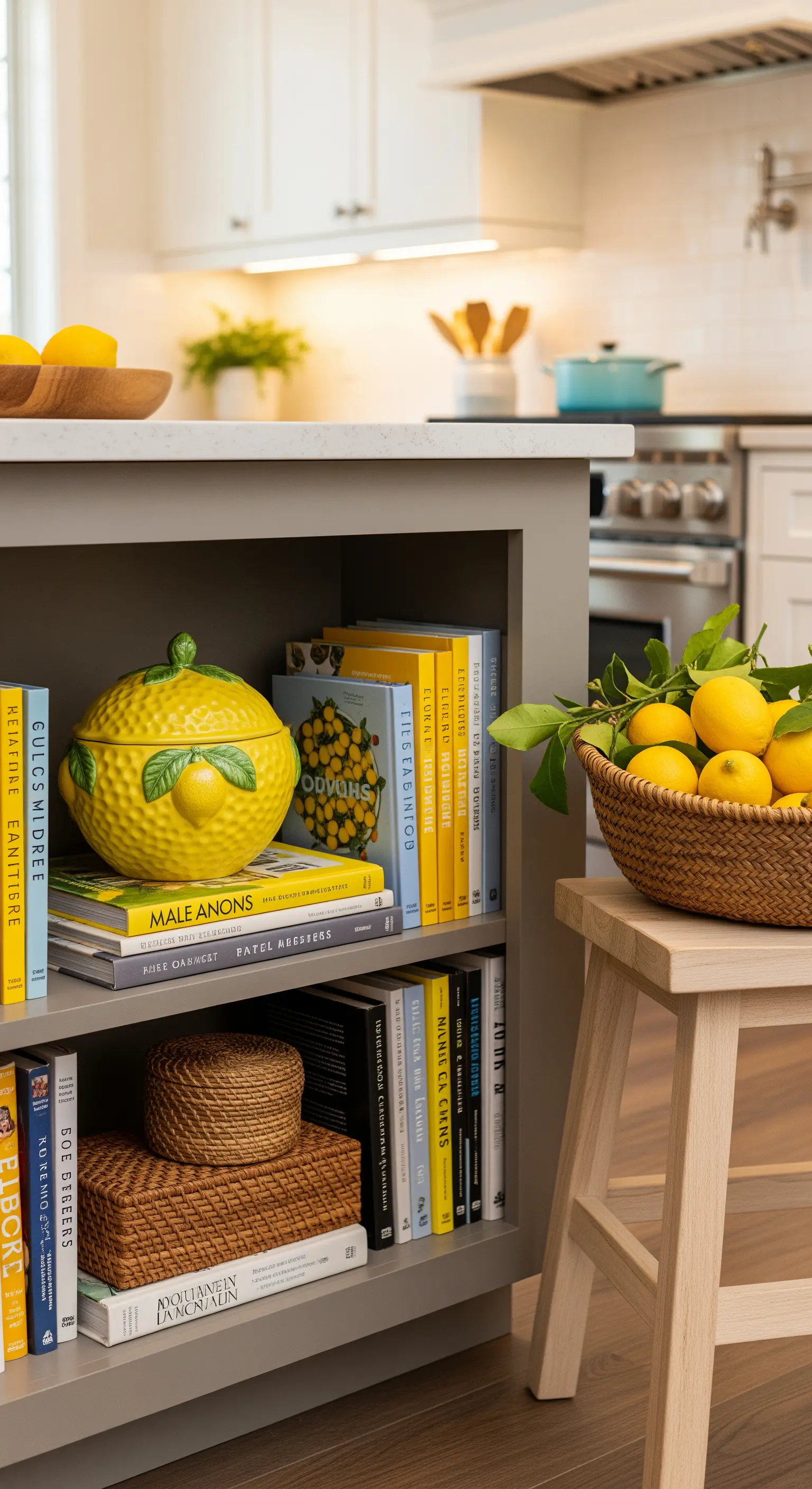 Zitronenförmige Keramikdose auf Bücherstapel im Regal