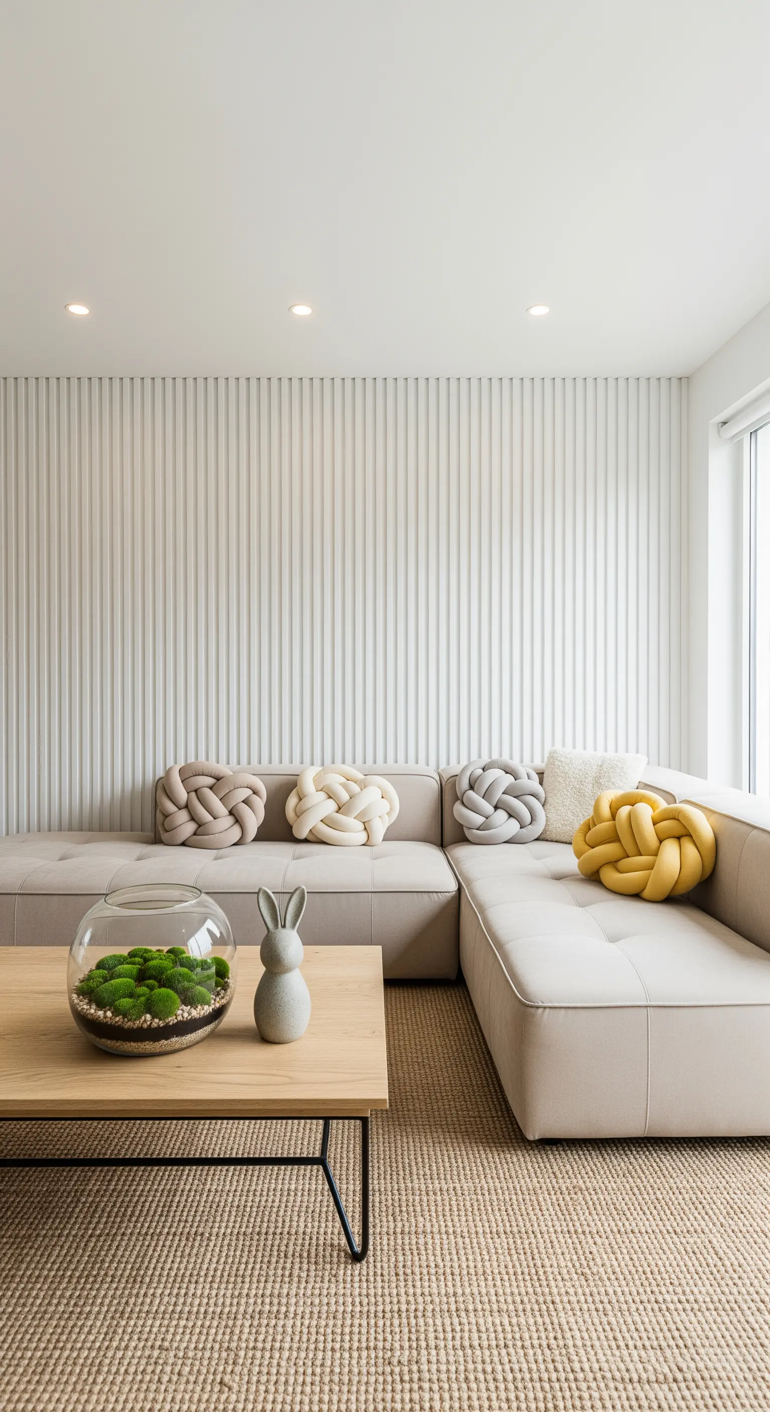 Sofa mit Knotenkissen und Moos-Glas auf Tisch