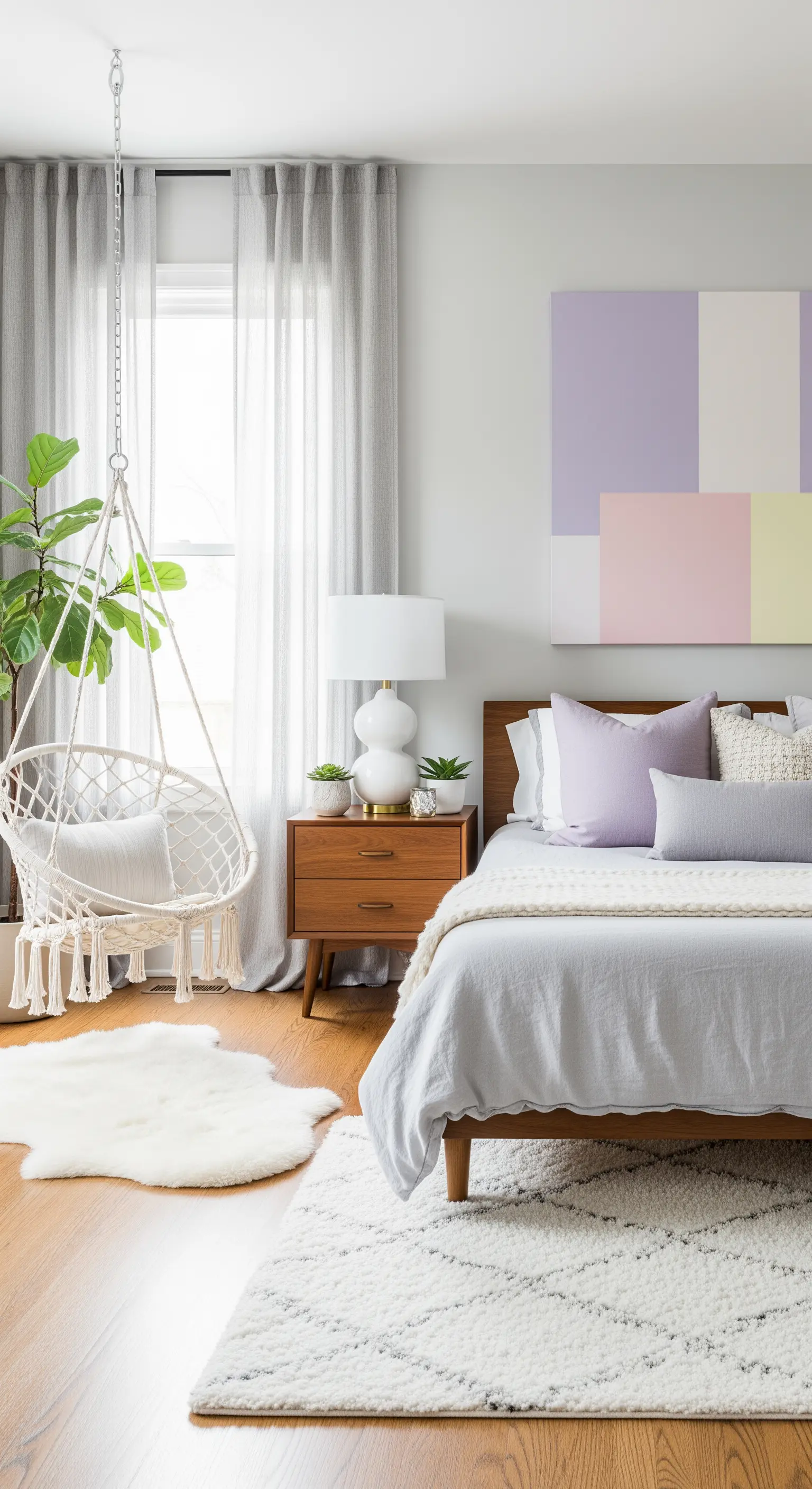 Weißer Makramee Hängesessel im Schlafzimmer