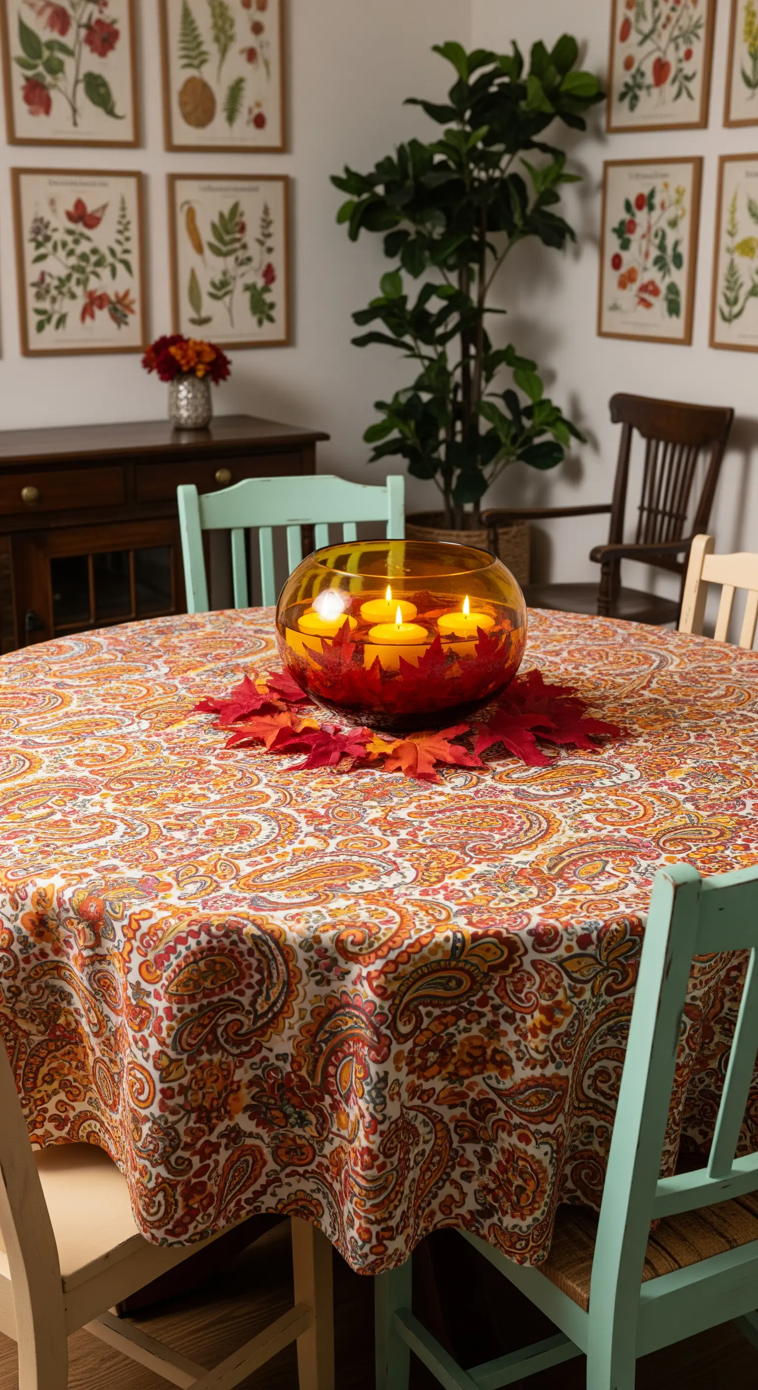 Paisley-Tischdecke mit Glasschale und Schwimmkerzen