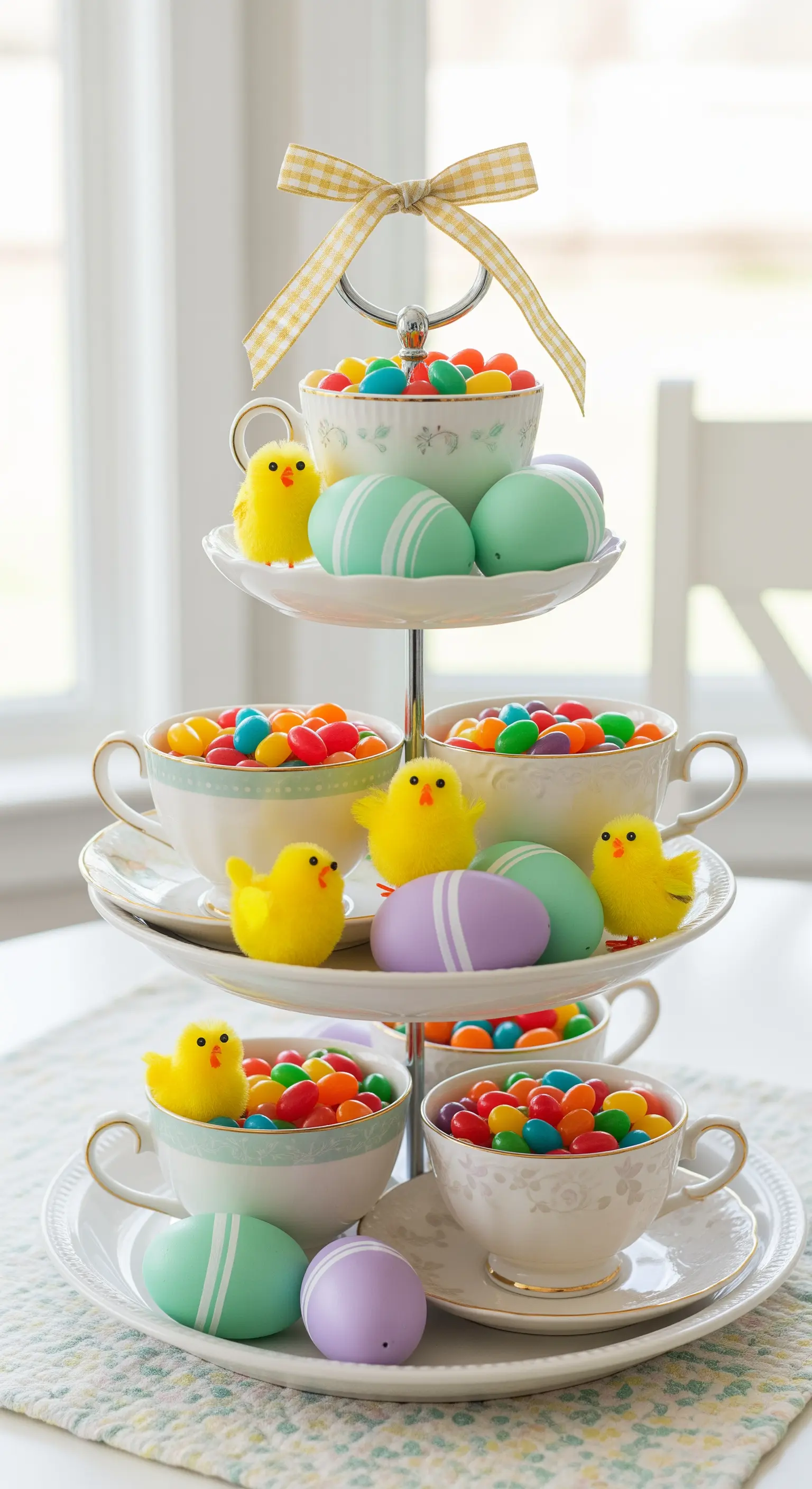 Etagere aus Teetassen mit Süßigkeiten und Küken