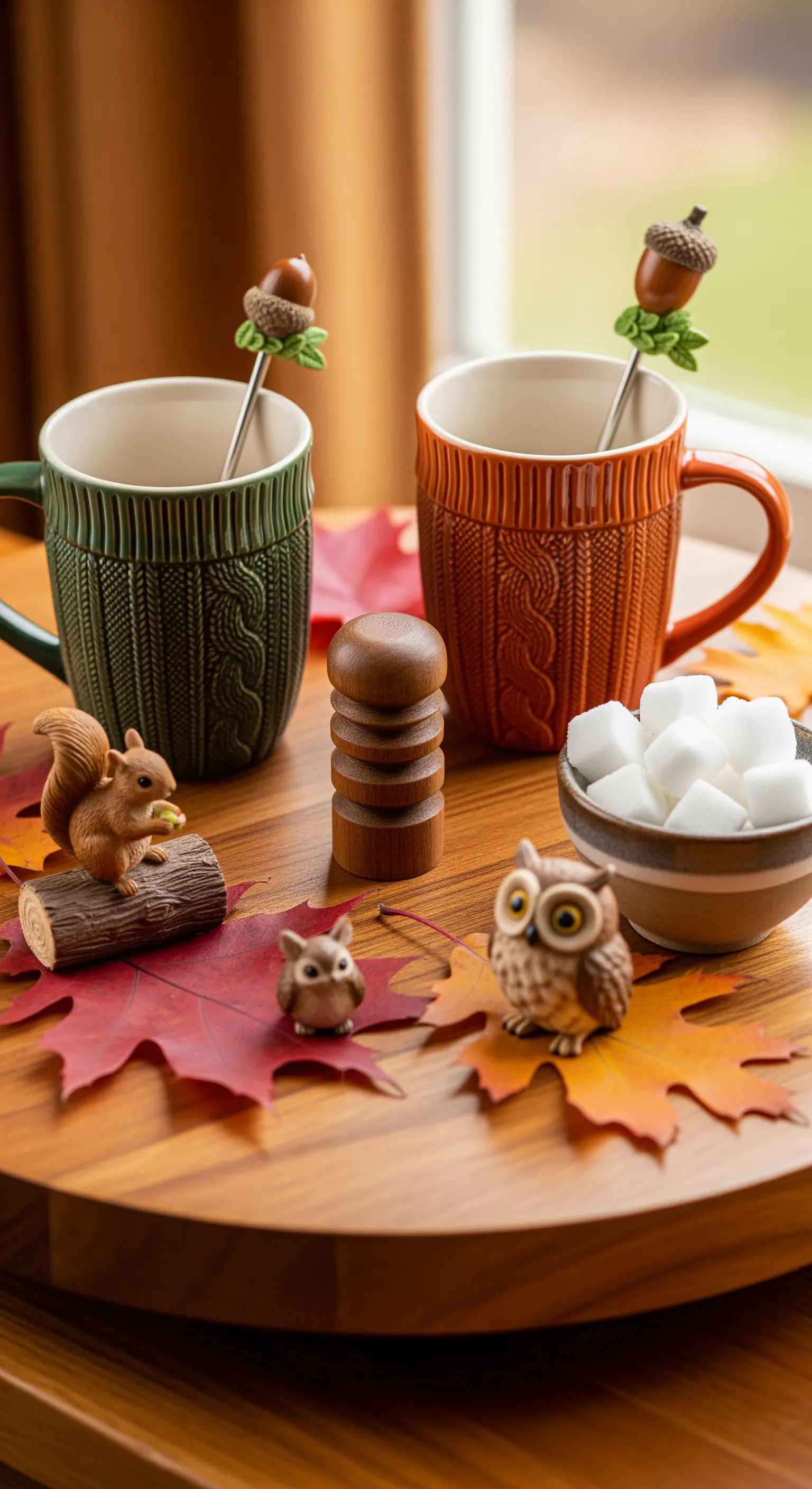 Tassen mit Strickmuster-Relief, Eulenfiguren, Eichhörnchen und Zuckerwürfel