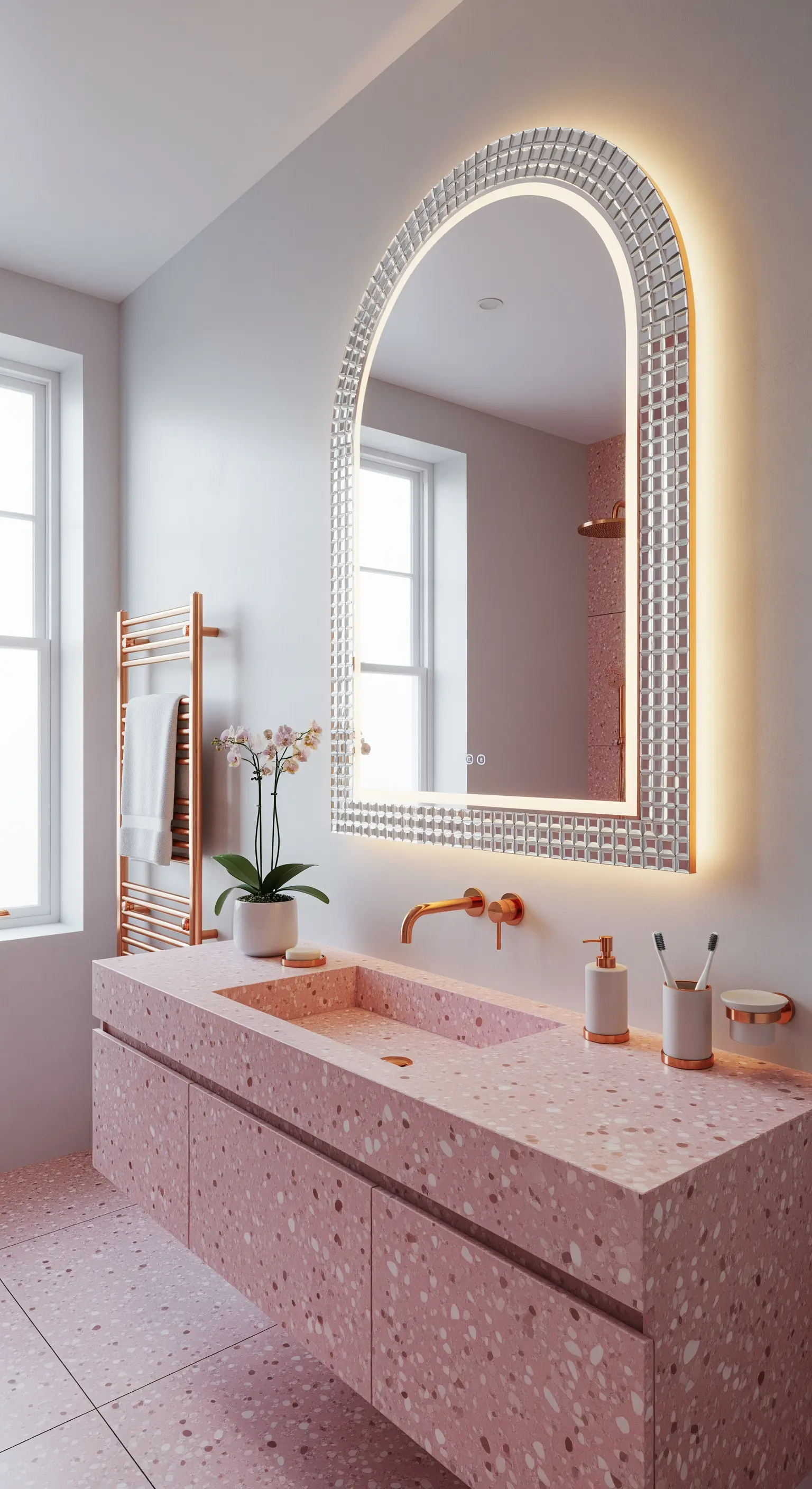 Rosa Terrazzo-Waschtisch mit bogenförmigem LED-Spiegel