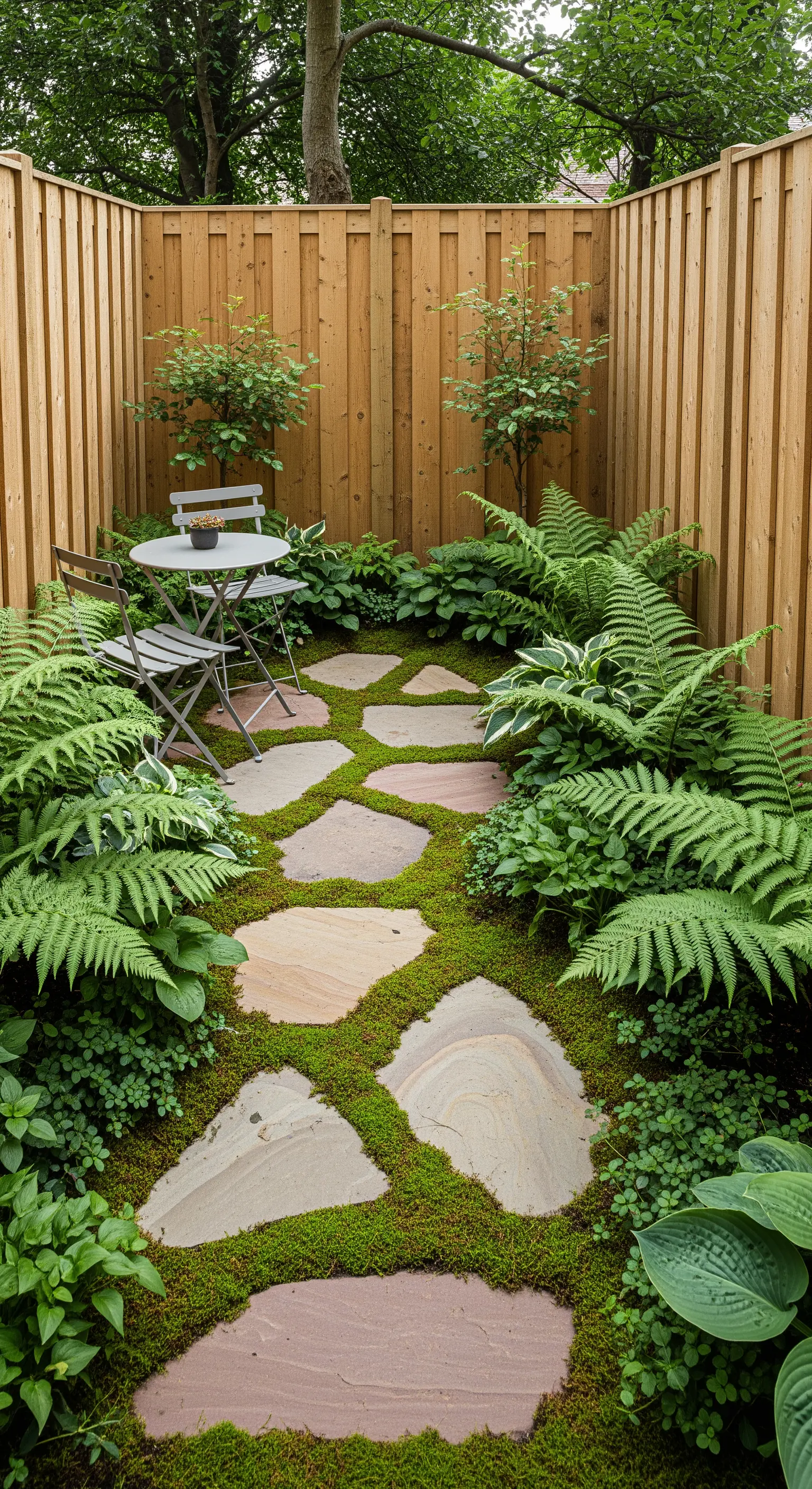 Versteckte Sitzecke mit Farnen und hohen Holzwänden