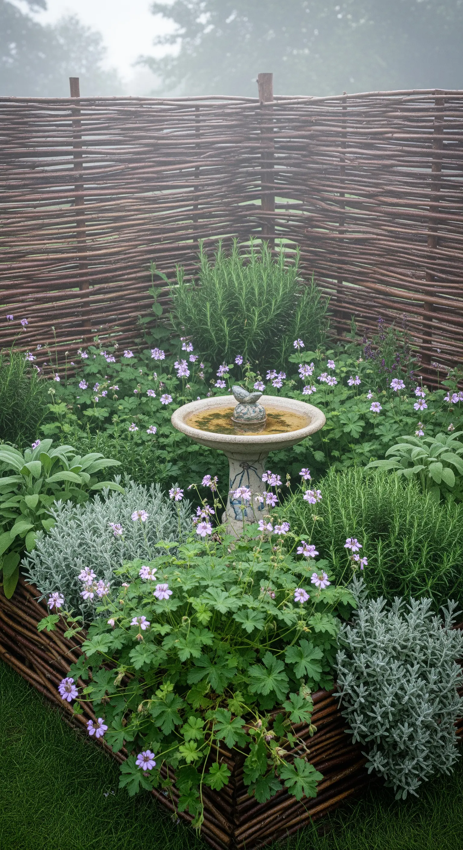 Weidenflechtzaun-Ecke mit Vogeltränke und Kräuterbepflanzung