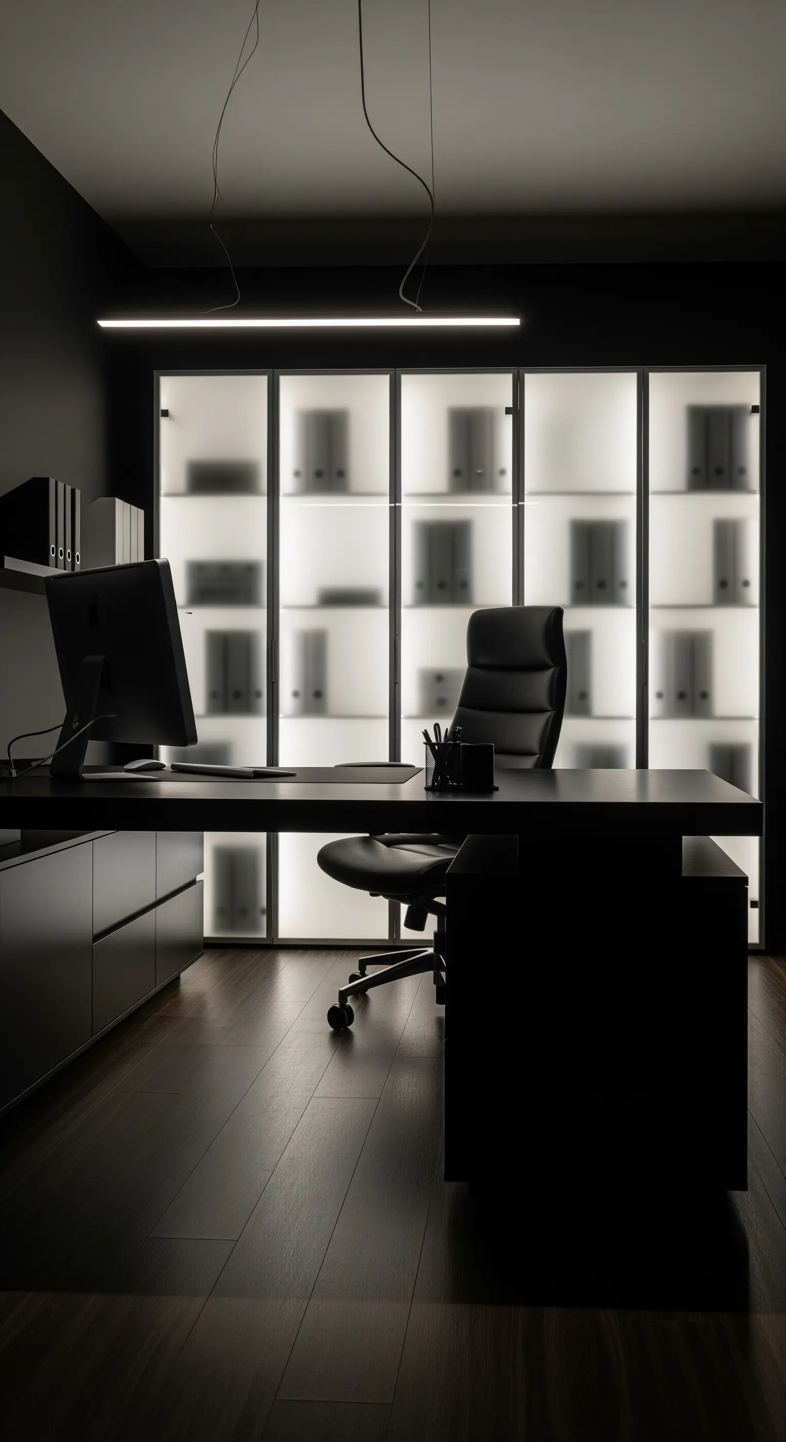 Home Office mit Wand aus beleuchteten Milchglas-Schränken hinter dem Schreibtisch